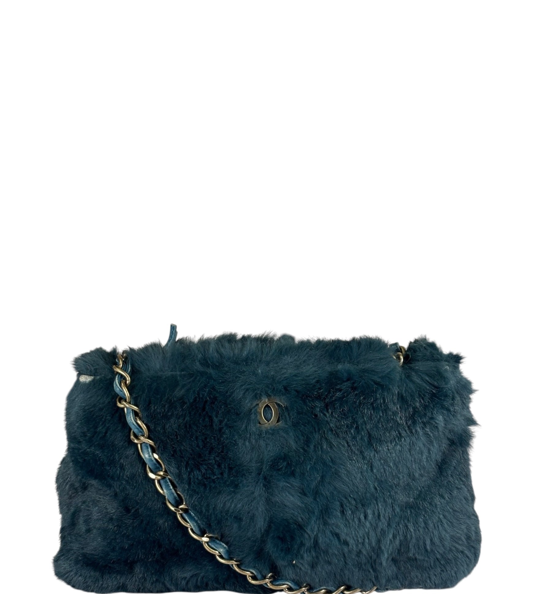 Chanel Dark Green Rabbit Fur/Leather Trim Shoulder Bag 2000