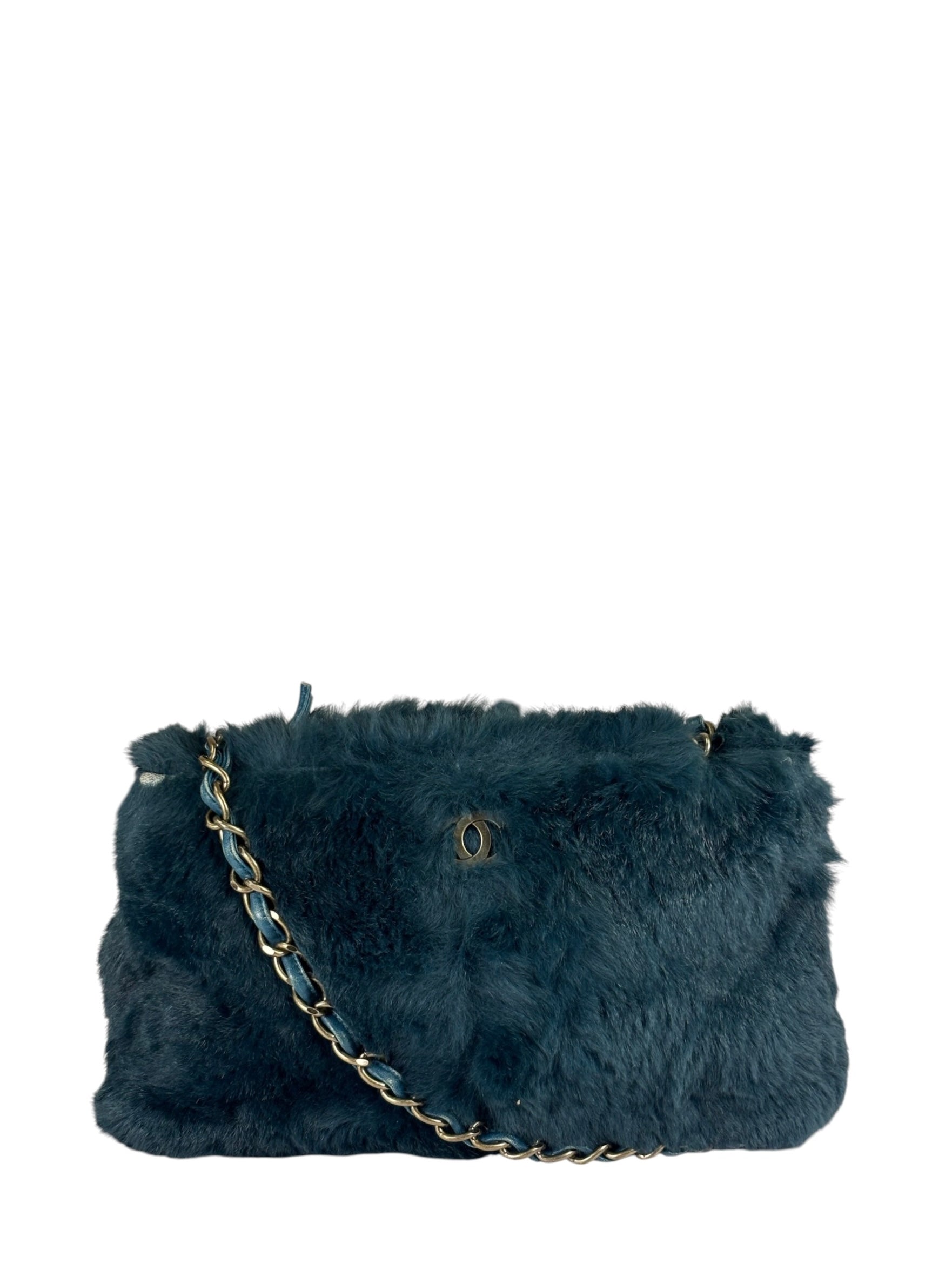 Chanel Dark Green Rabbit Fur/Leather Trim Shoulder Bag 2000