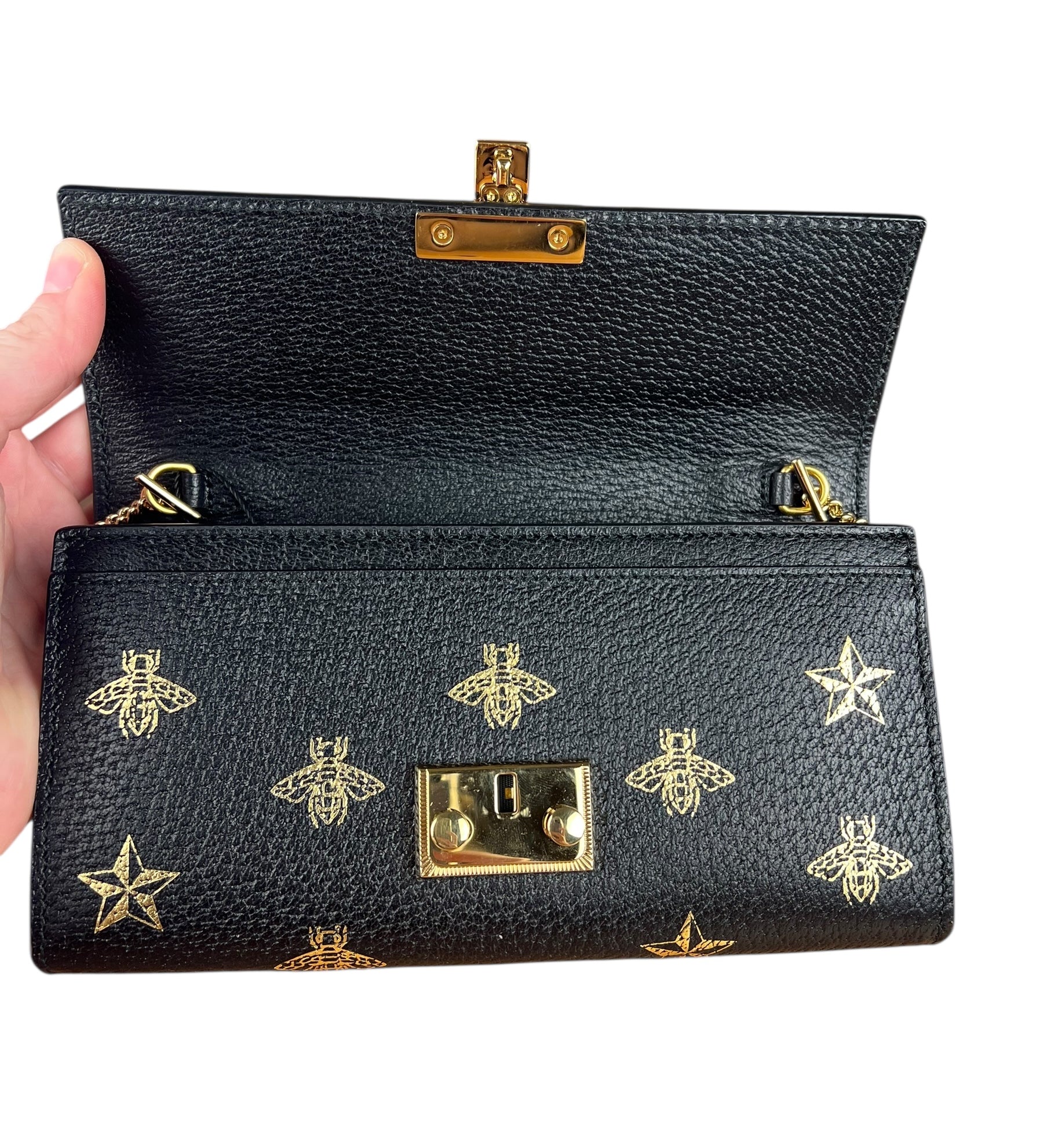 Gucci Leather Bees Padlock Continental Wallet On Chain Black