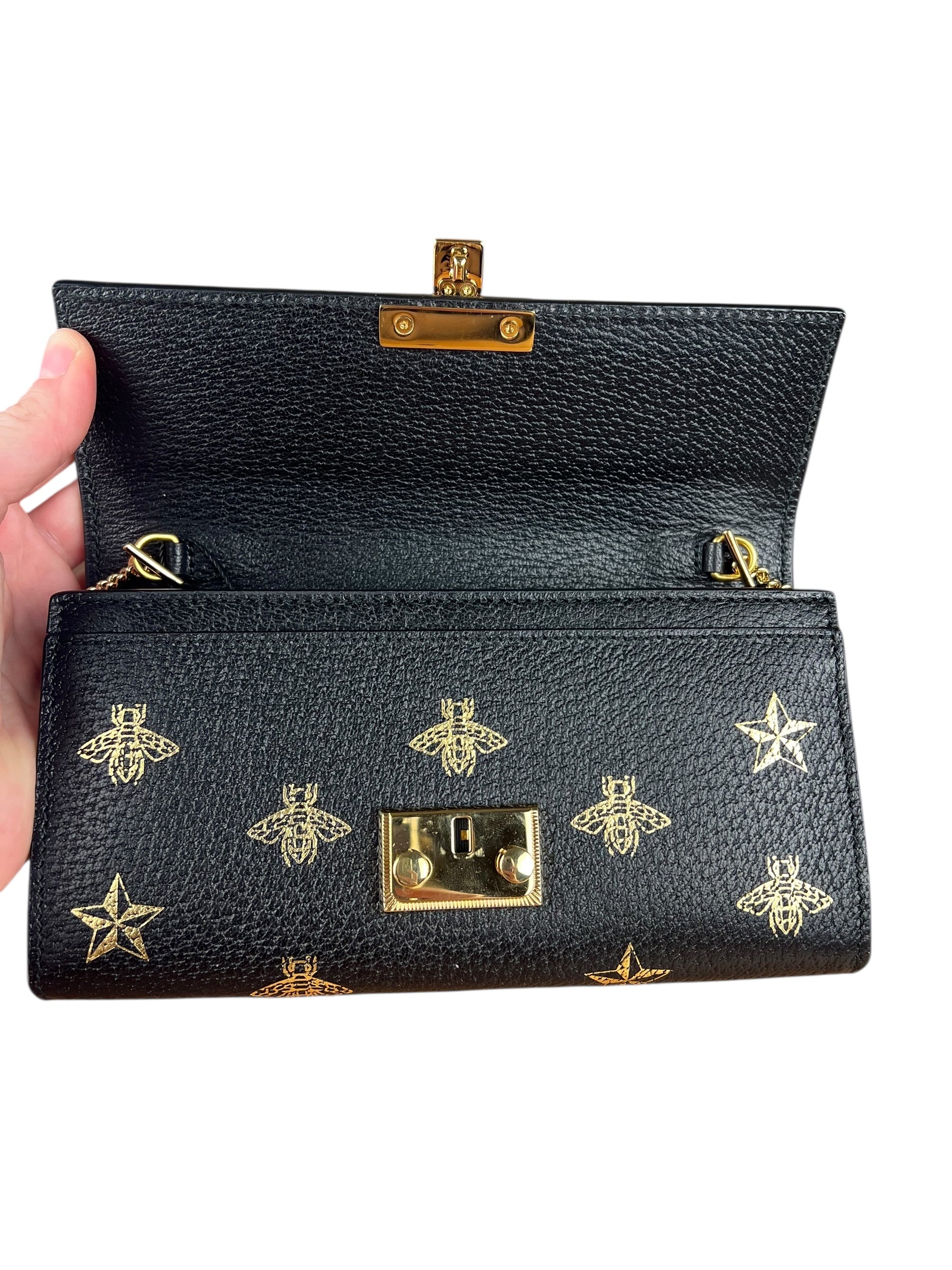 Gucci Leather Bees Padlock Continental Wallet On Chain Black