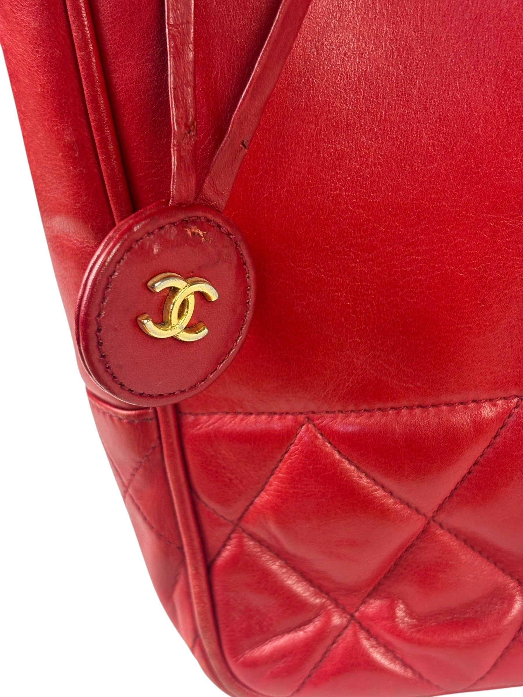 Chanel Red Quilted Lambskin Chain Tote Bag 1990
