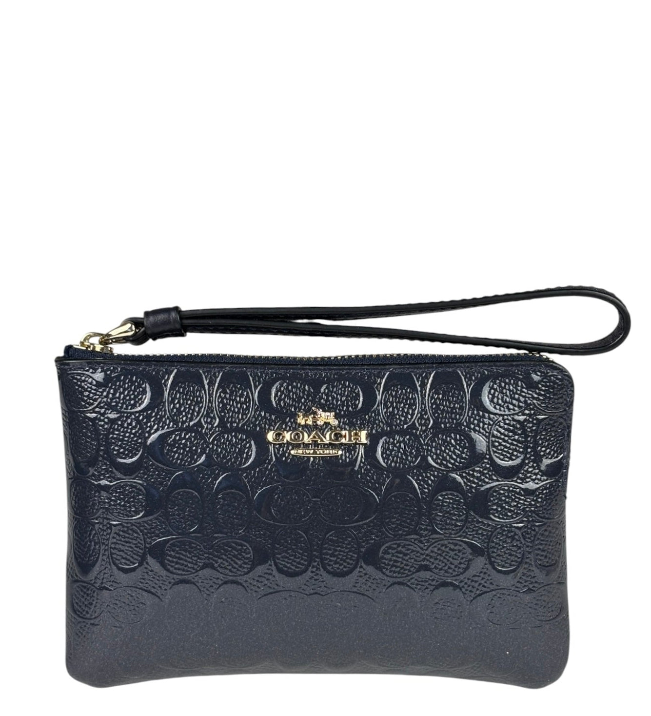 Coach Navy Blue Patent Leather Signature Corner Zip Wristlet
