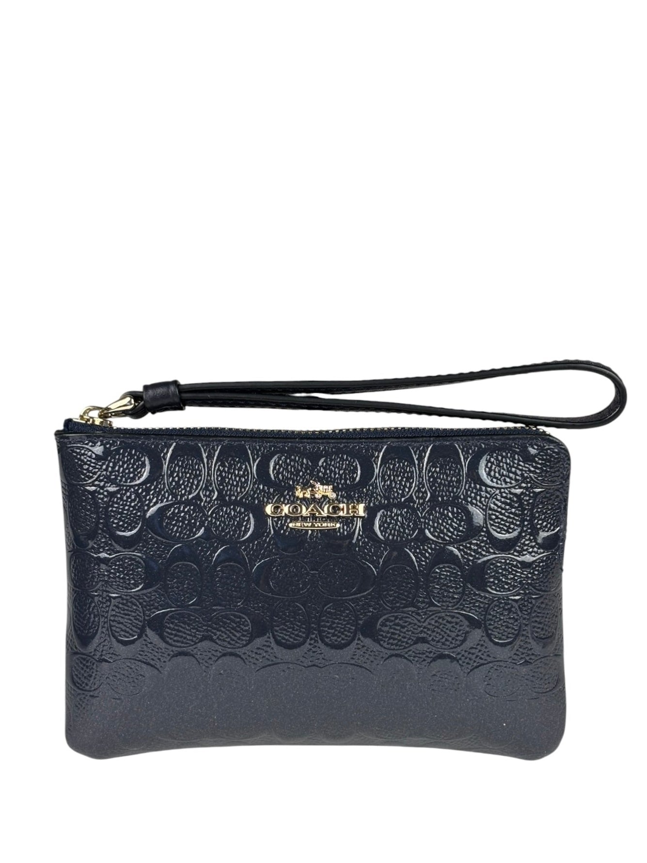 Coach Navy Blue Patent Leather Signature Corner Zip Wristlet