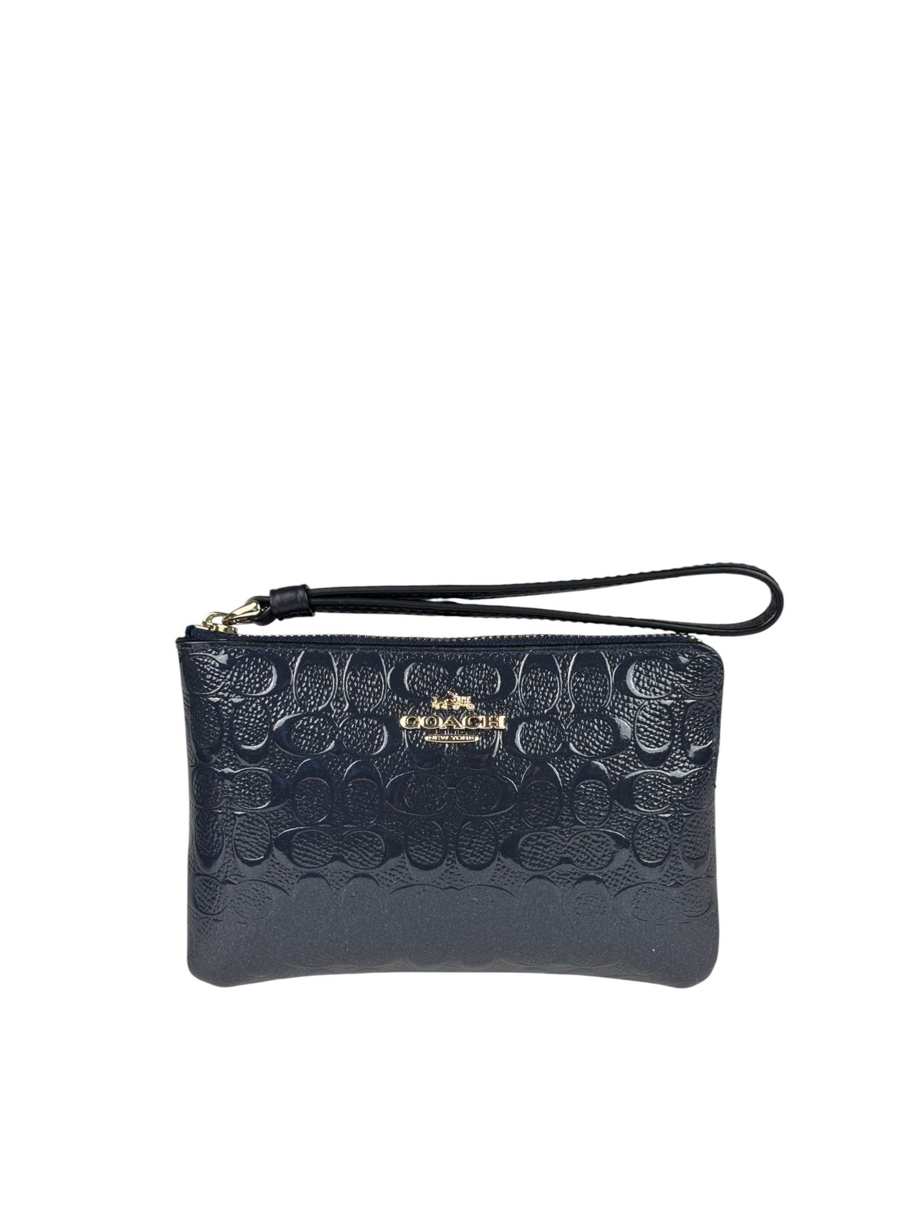 Coach Navy Blue Patent Leather Signature Corner Zip Wristlet