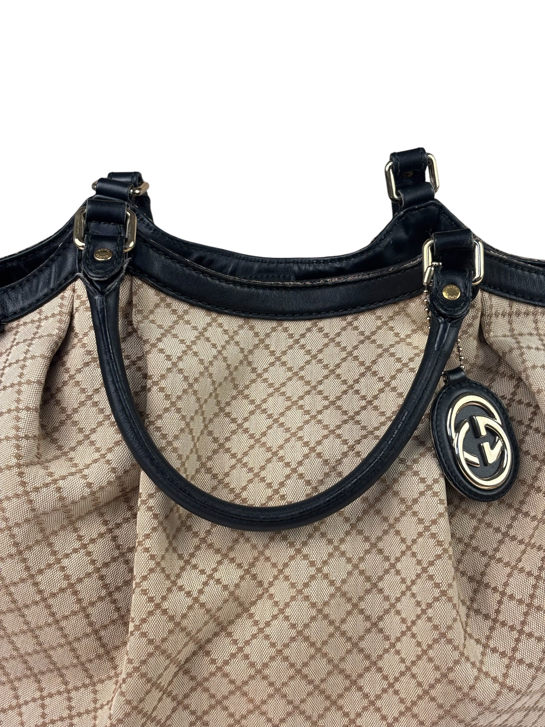Gucci Beige Leather Trim Diamante Canvas Sukey Tote