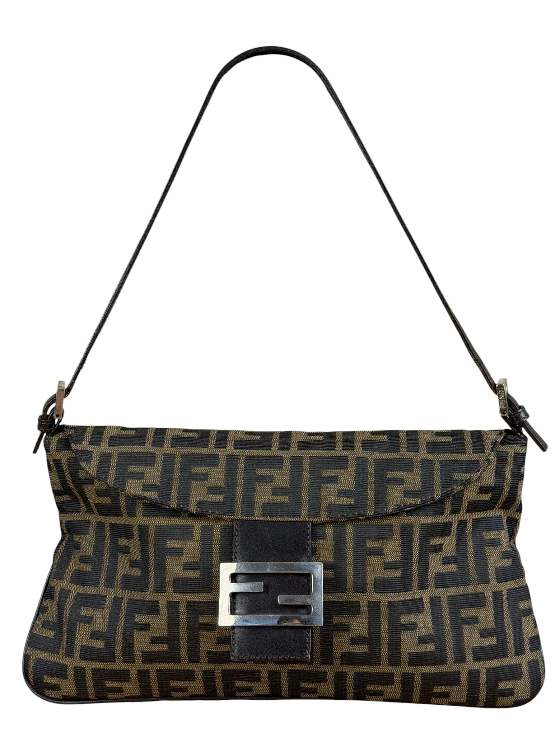 Fendi Brown Leather Trim Zucca FF Monogram Baguette