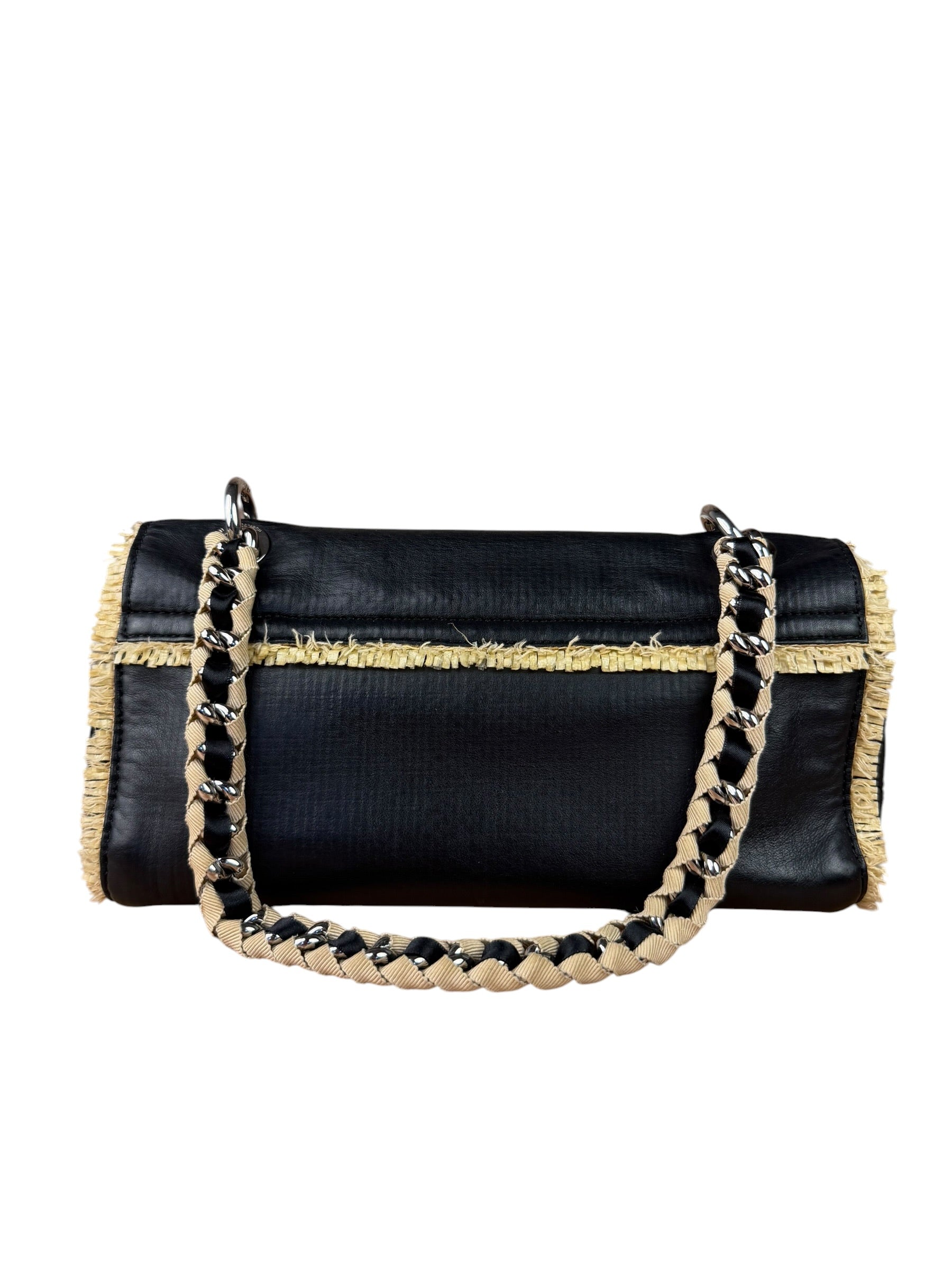Chanel Black Leather Raffia Fringe CC Flap Shoulder Bag 2009