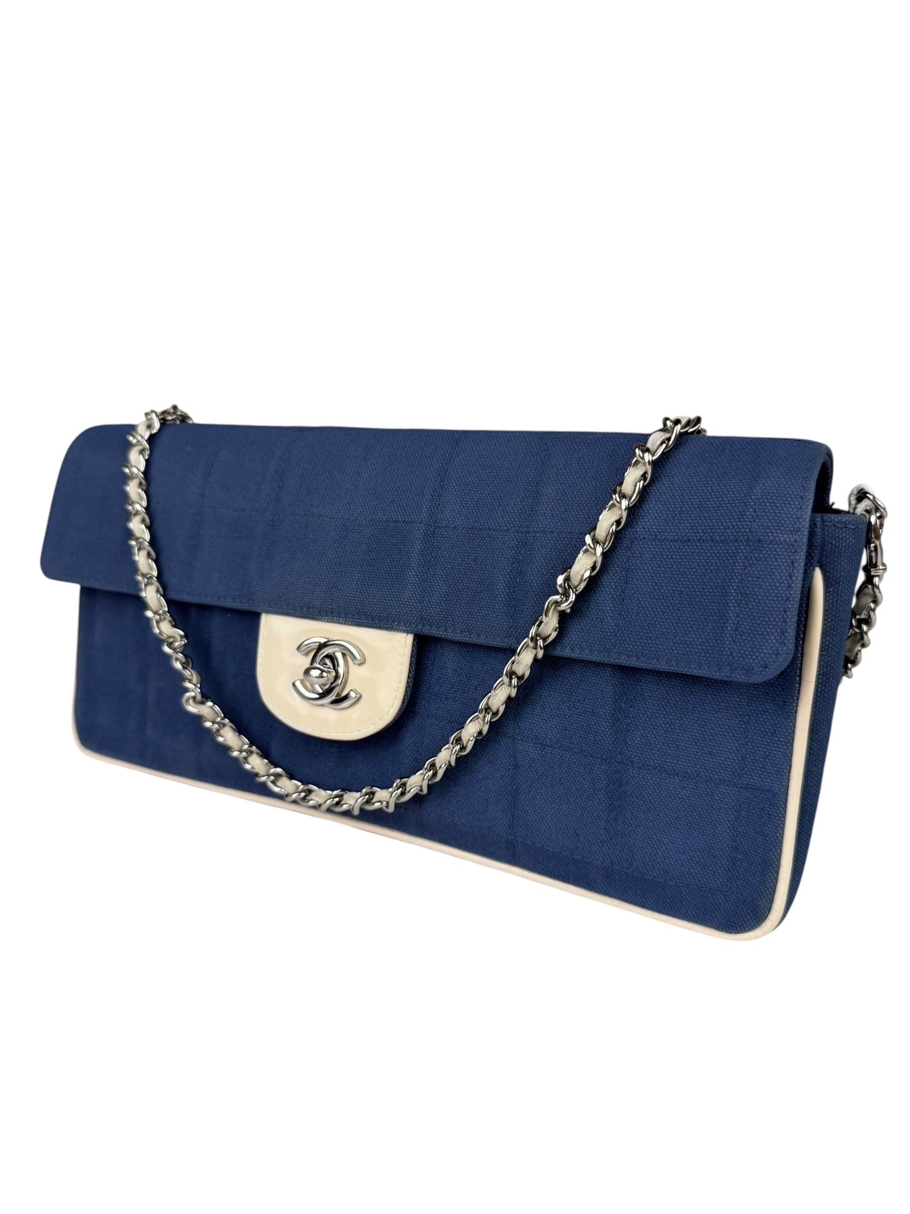 Chanel Blue/Cream Patent Leather Trim East-West Chocolate Bar Shoulder Bag 2002