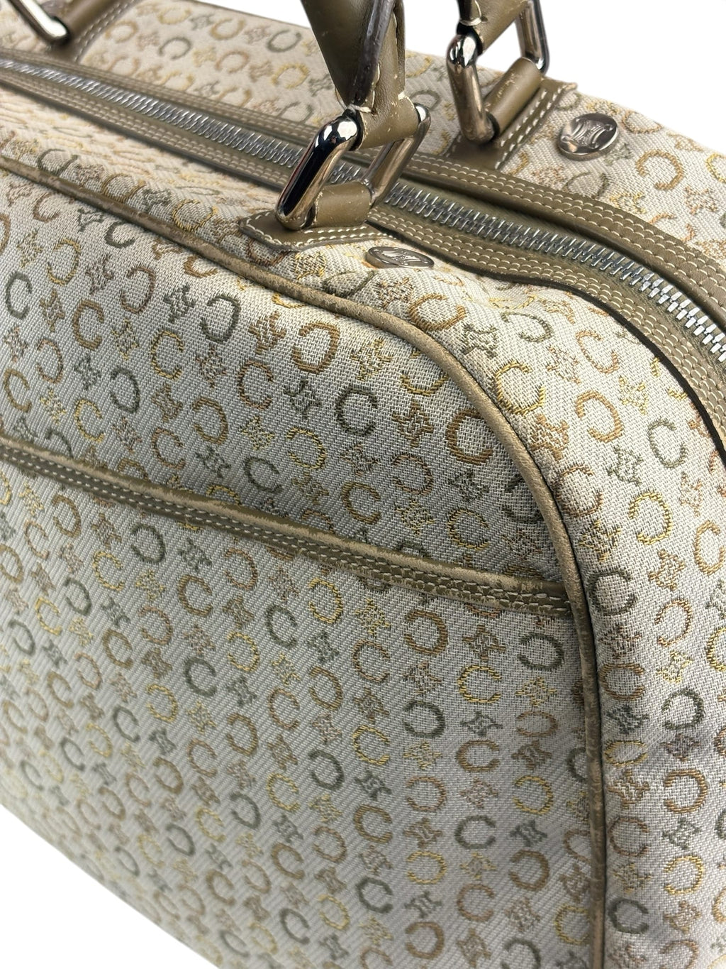 Celine Beige/Green Leather Trim Macadam Handbag