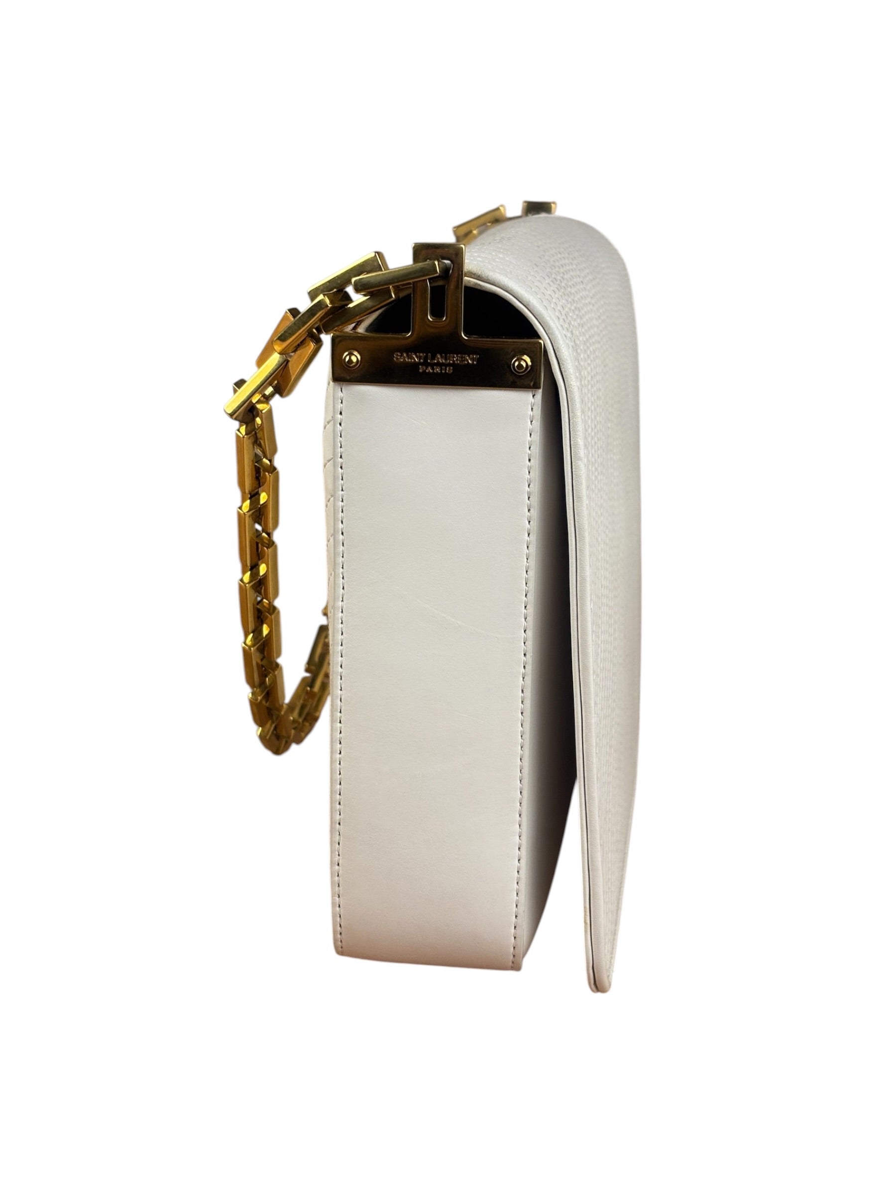 YSL White Chevron Quilted Babylone Chain Flap Shoulder Bag