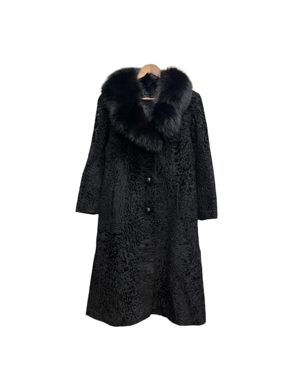 Vintage Lupian Black Persian Lamb Fox Fur Trim Long Coat