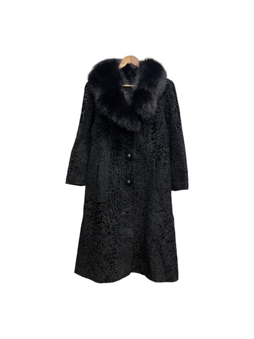 Vintage Lupian Black Persian Lamb Fox Fur Trim Long Coat