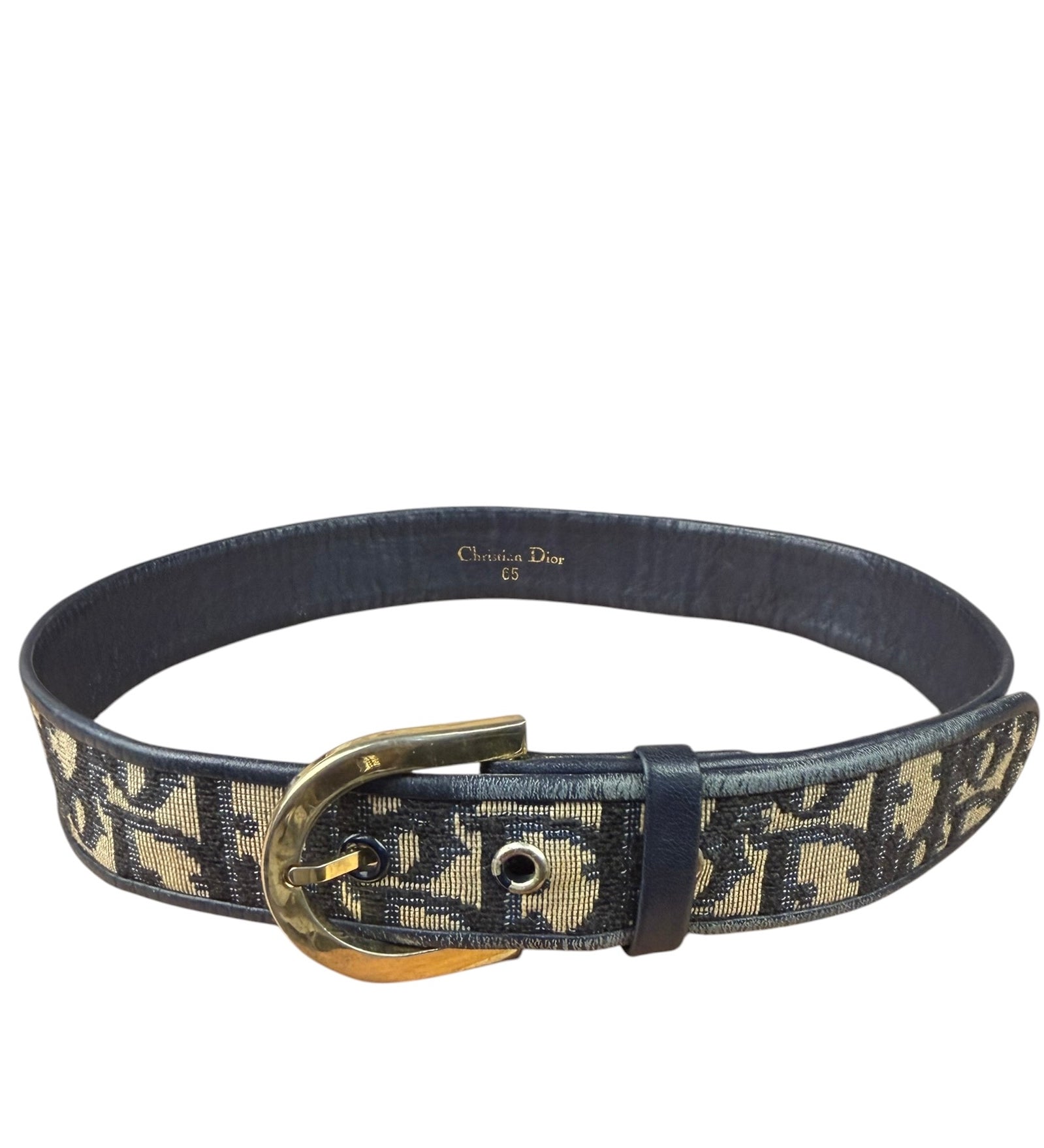 Christian Dior Vintage Navy Blue Leather Trim Oblique Monogram Canvas Belt