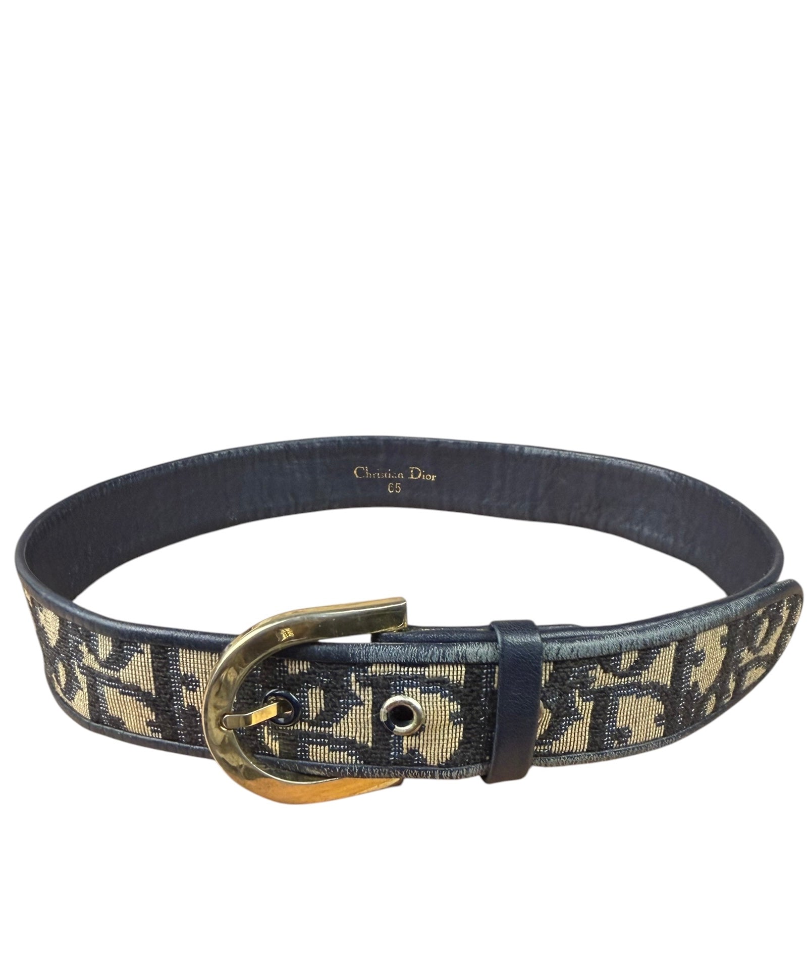 Christian Dior Vintage Navy Blue Leather Trim Oblique Monogram Canvas Belt