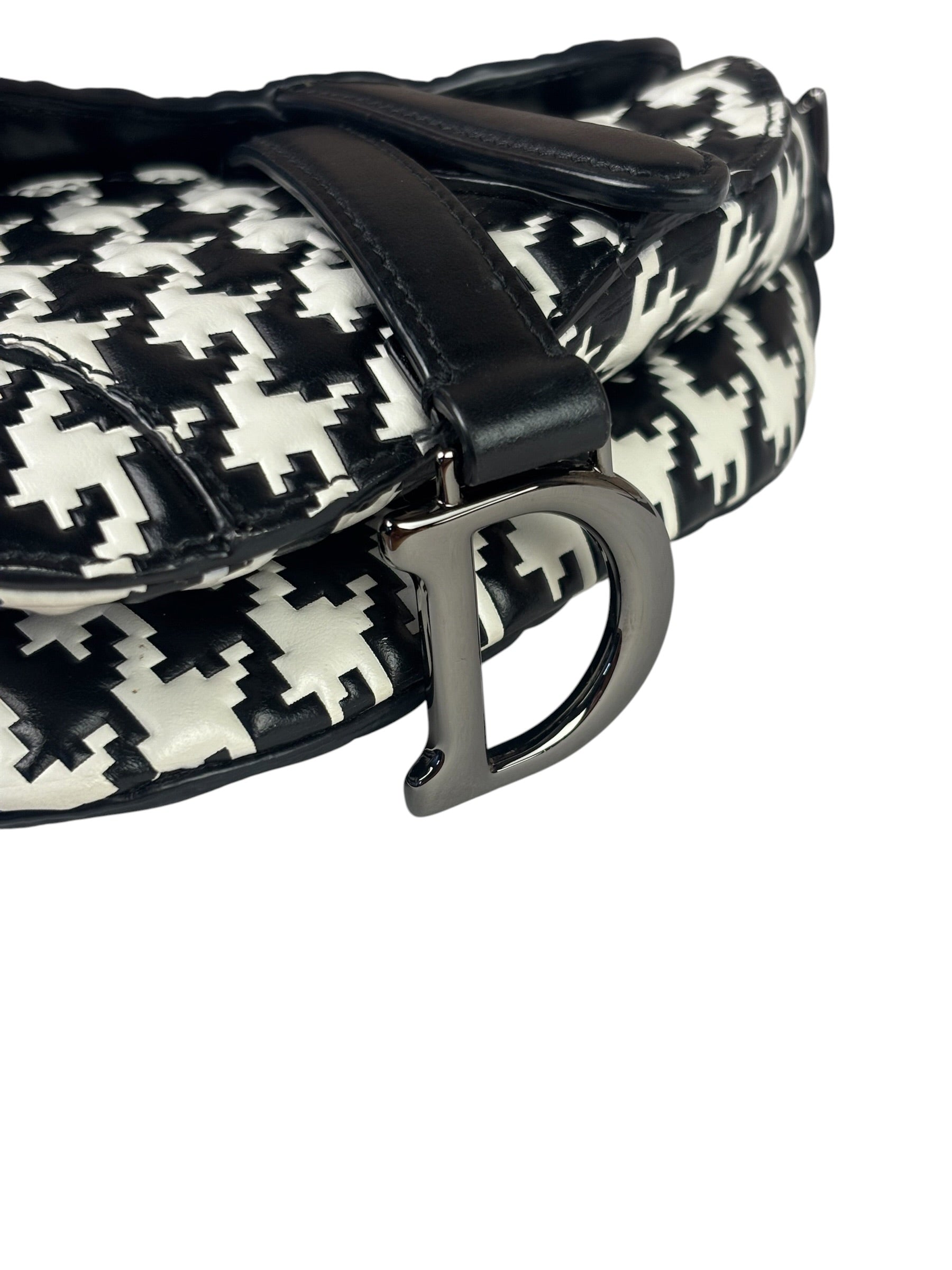 Christian Dior White/Black Leather Houndstooth Micro Saddle Bag