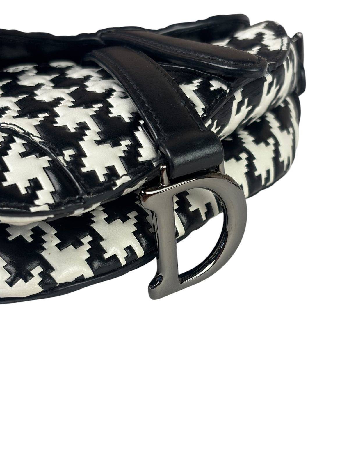 Christian Dior White/Black Leather Houndstooth Micro Saddle Bag