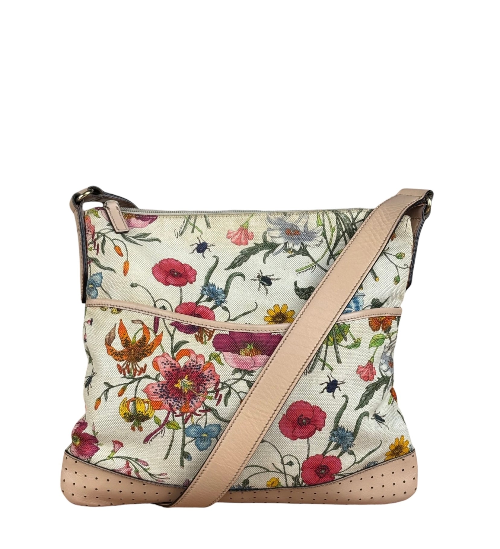 Gucci Vintage Multicolor Leather Trim Flora Canvas Flat Crossbody Bag