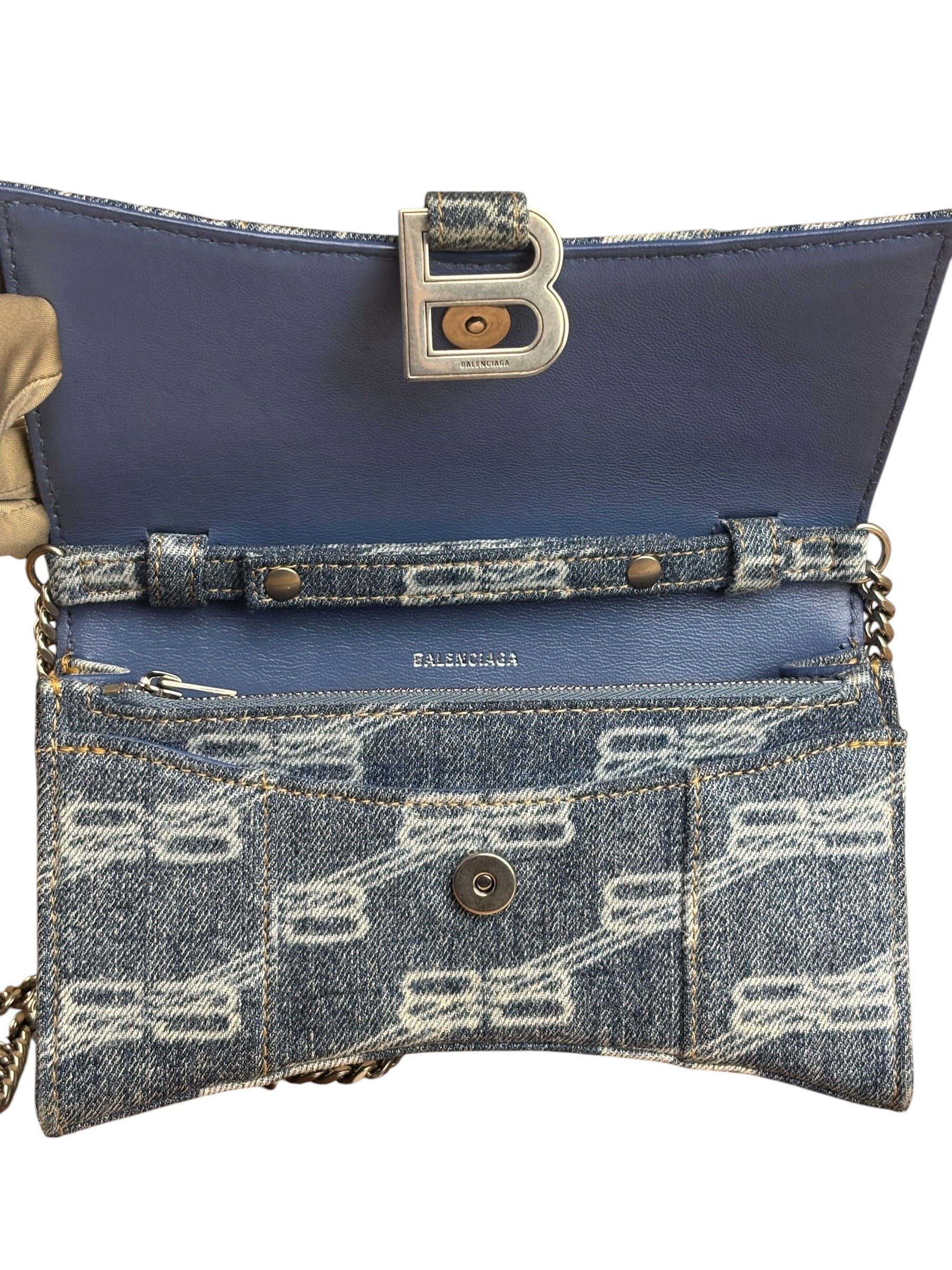 Balenciaga Blue Denim Hourglass Monogram Wallet On Chain