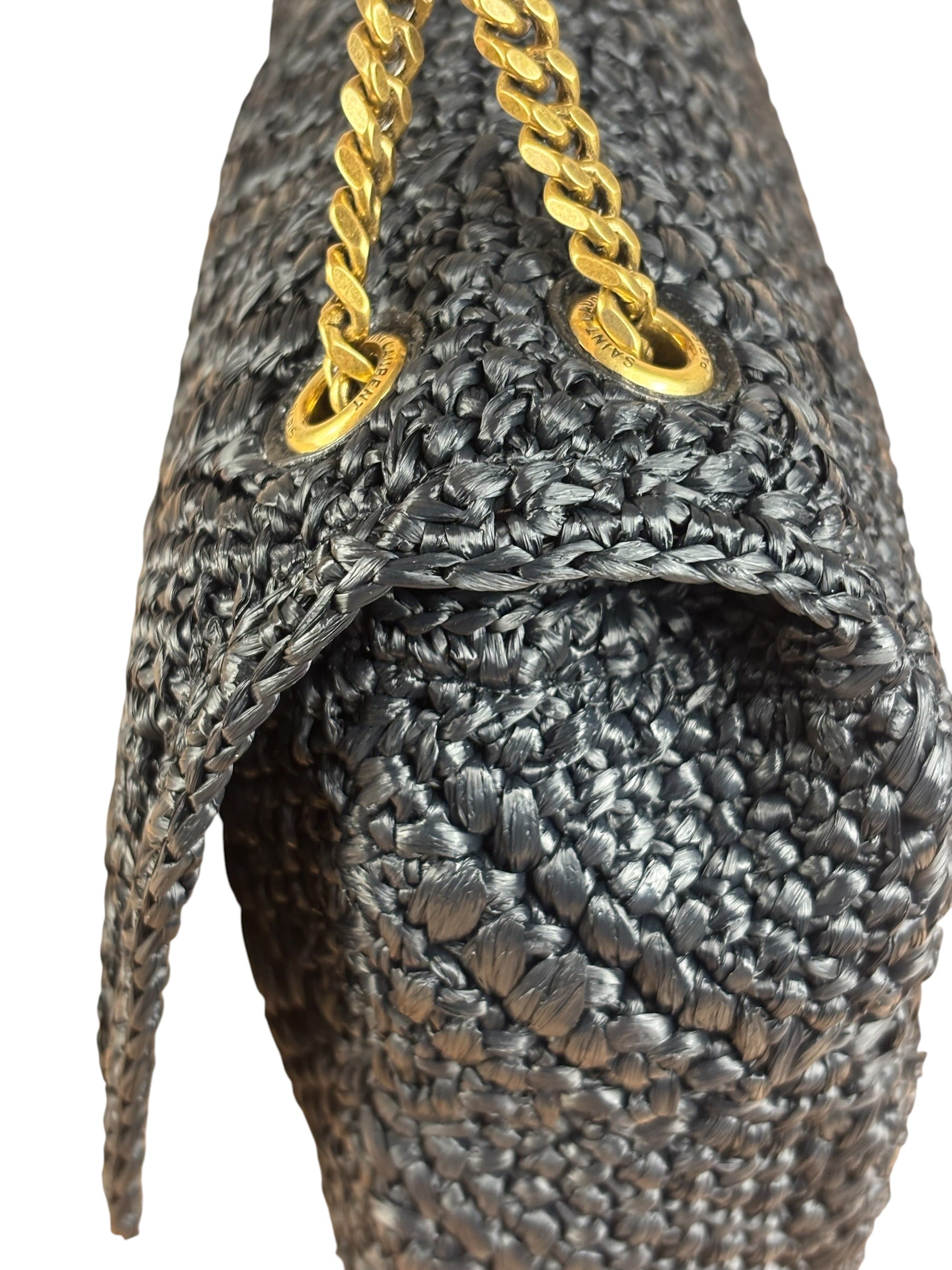 YSL Black Raffia Leather Trim Jamie Chain Shoulder Bag