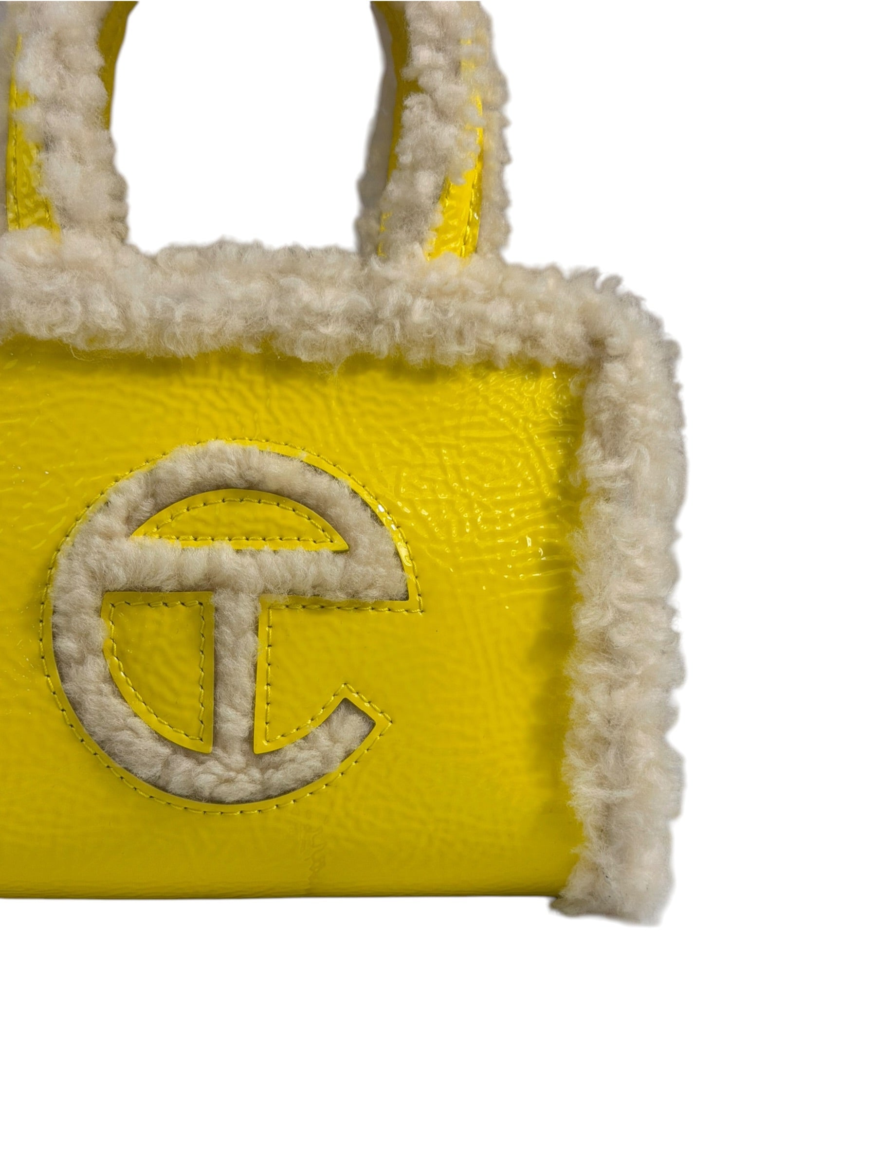 UGG x Telfar Yellow Patent Leather Fur Trim Small Shopper Crinkle In Taxi Tote