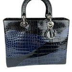 Christian Dior Rare Black/Navy Croc Embossed Lady Dior Handbag