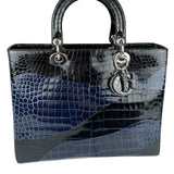 Christian Dior Rare Black/Navy Croc Embossed Lady Dior Handbag