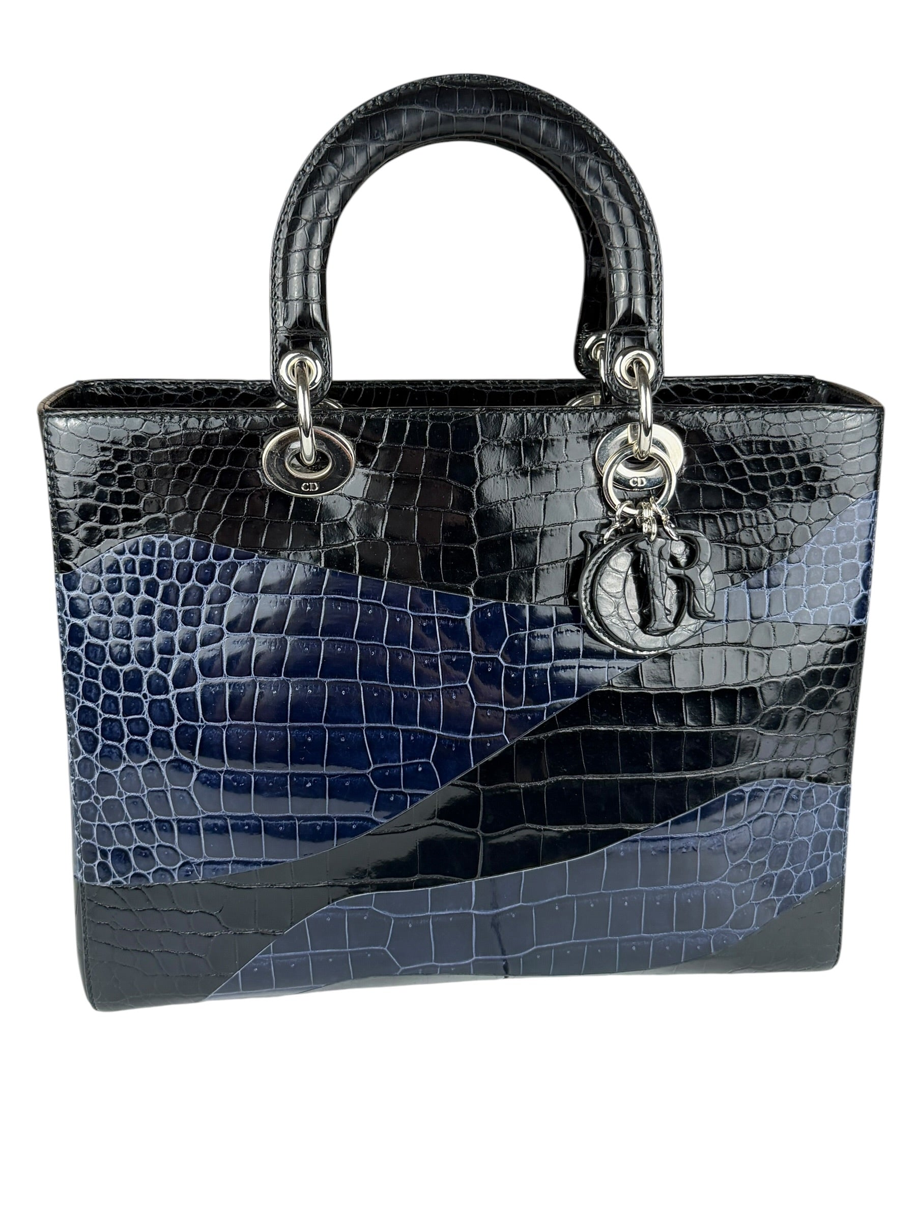 Christian Dior Rare Black/Navy Croc Embossed Lady Dior Handbag