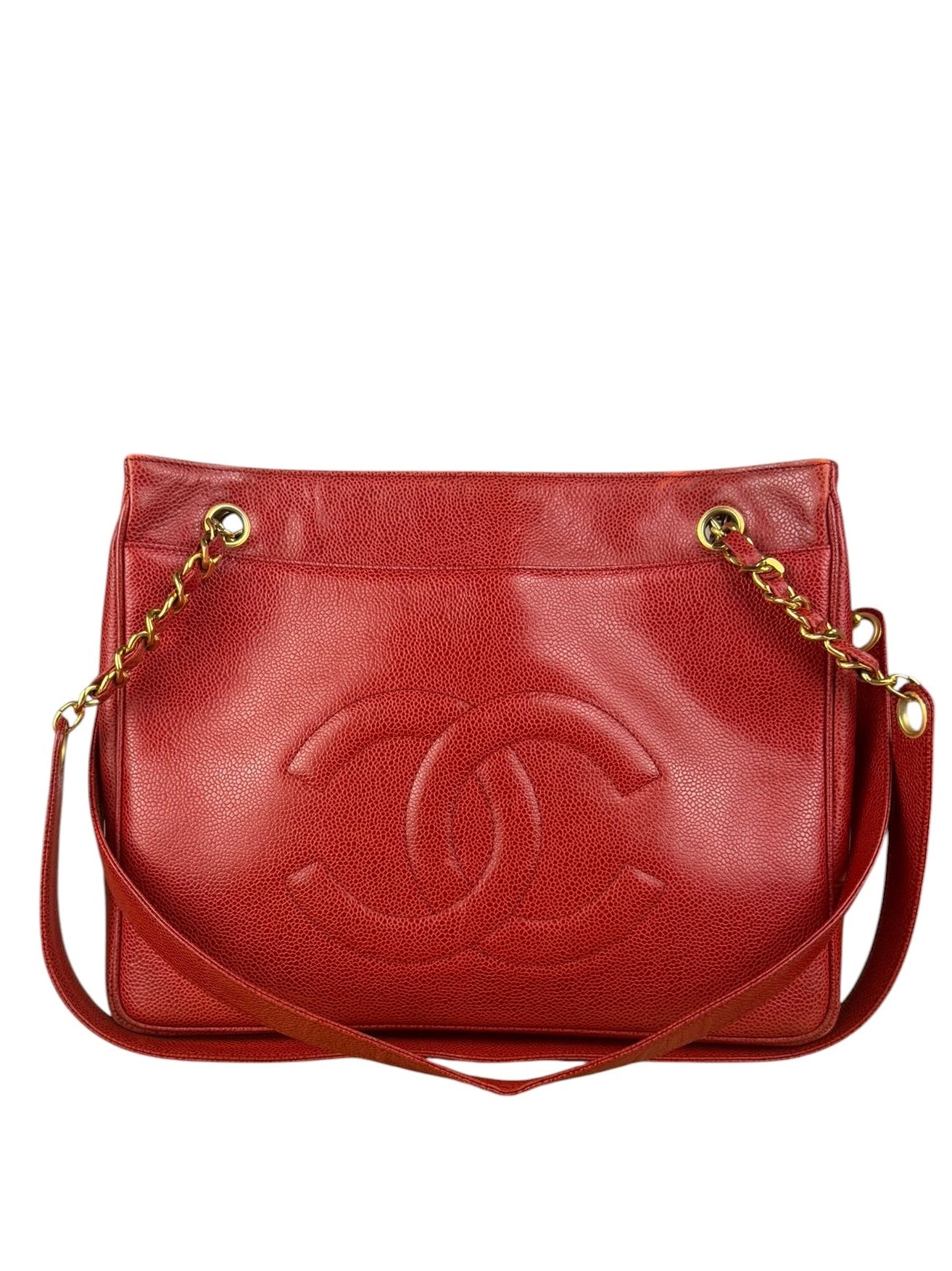 Chanel Red Caviar Leather CC Logo Tote Bag