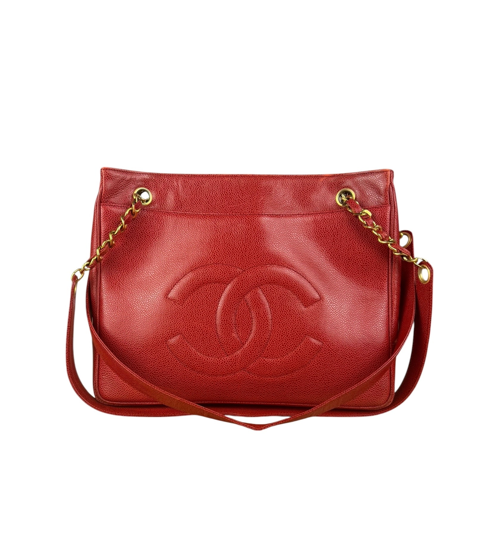 Chanel Red Caviar Leather CC Logo Tote Bag