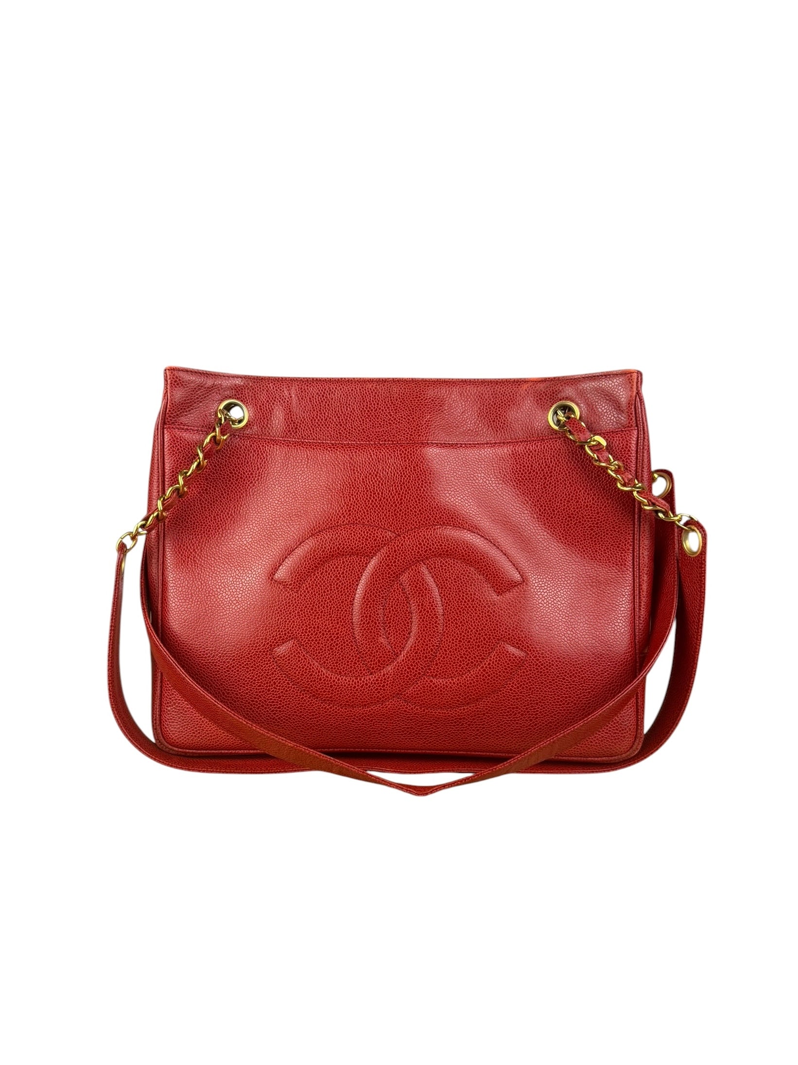 Chanel Red Caviar Leather CC Logo Tote Bag