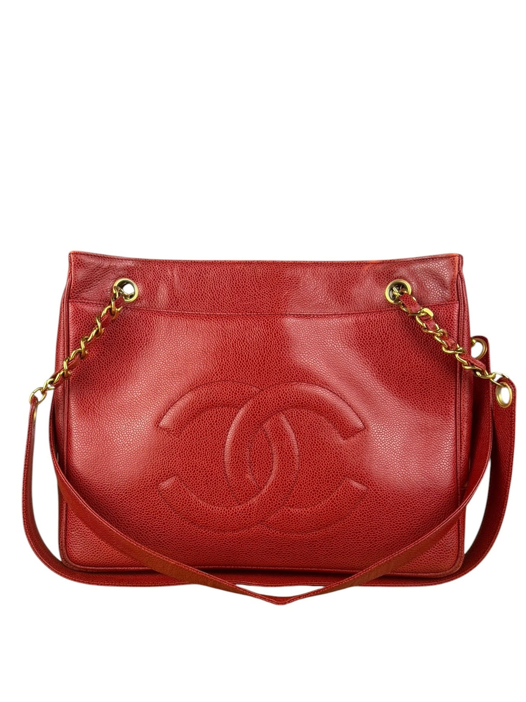 Chanel Red Caviar Leather CC Logo Tote Bag