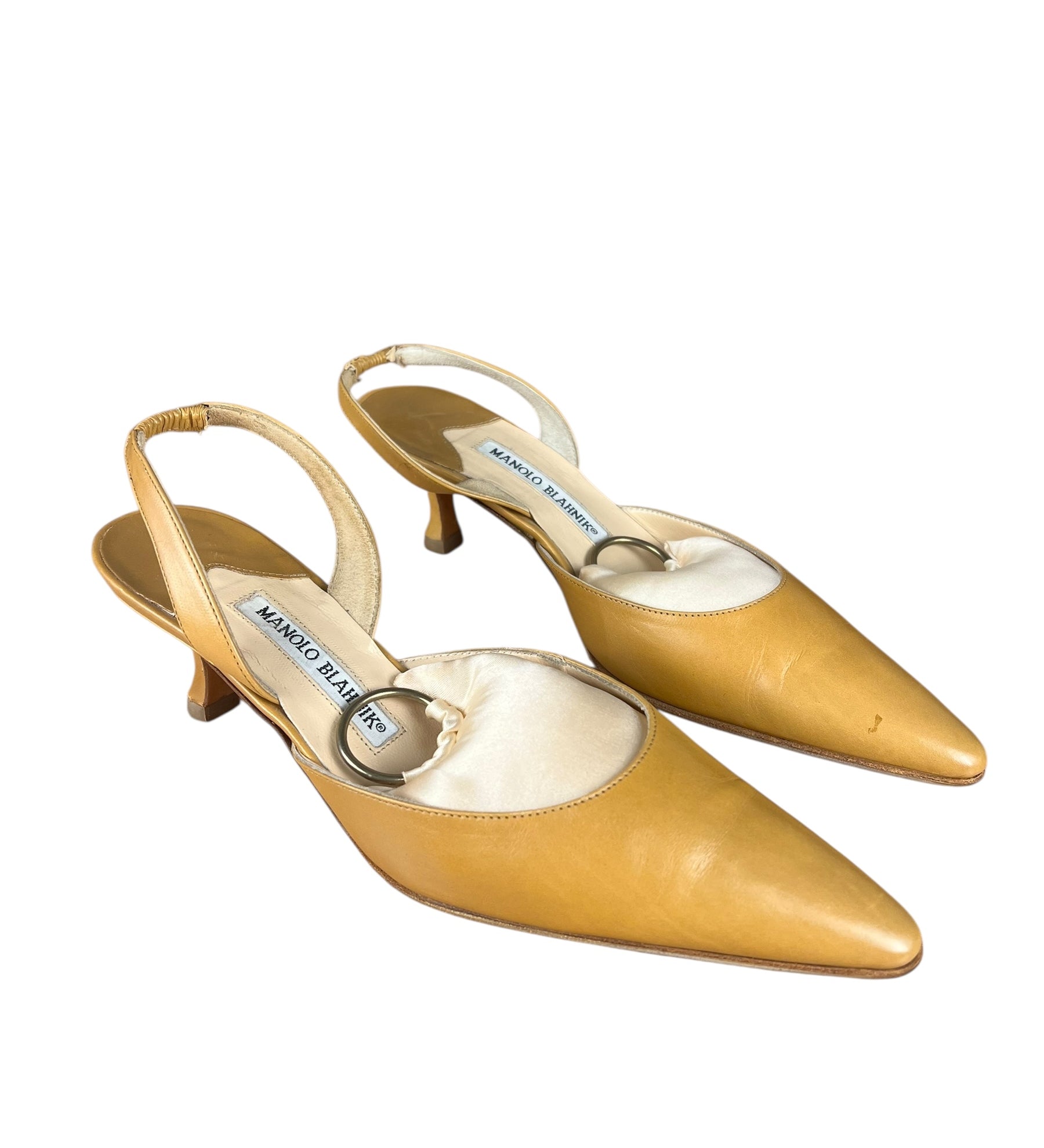Manolo Blahnik Nude Leather Slingback Kitten Heels