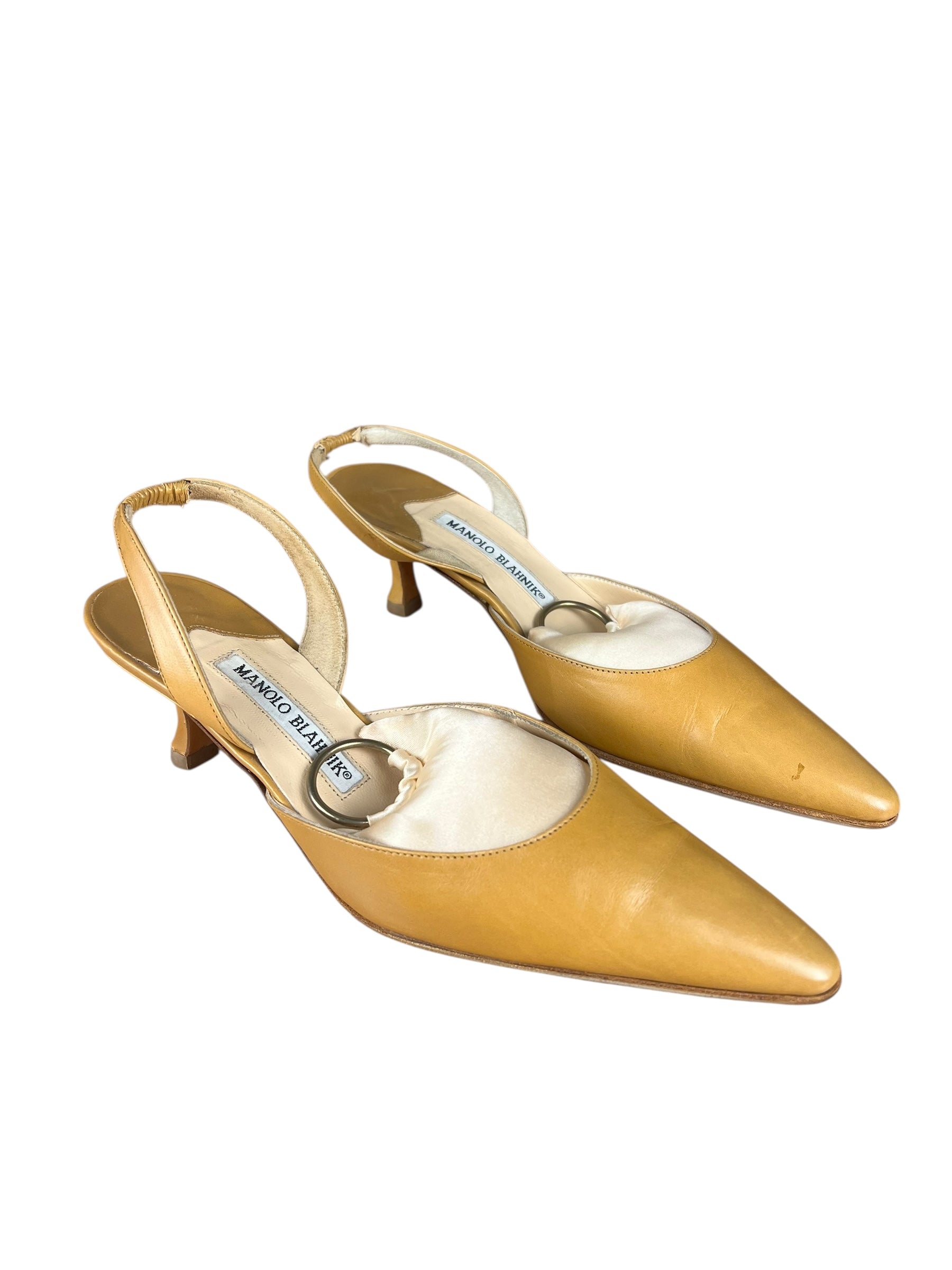 Manolo Blahnik Nude Leather Slingback Kitten Heels