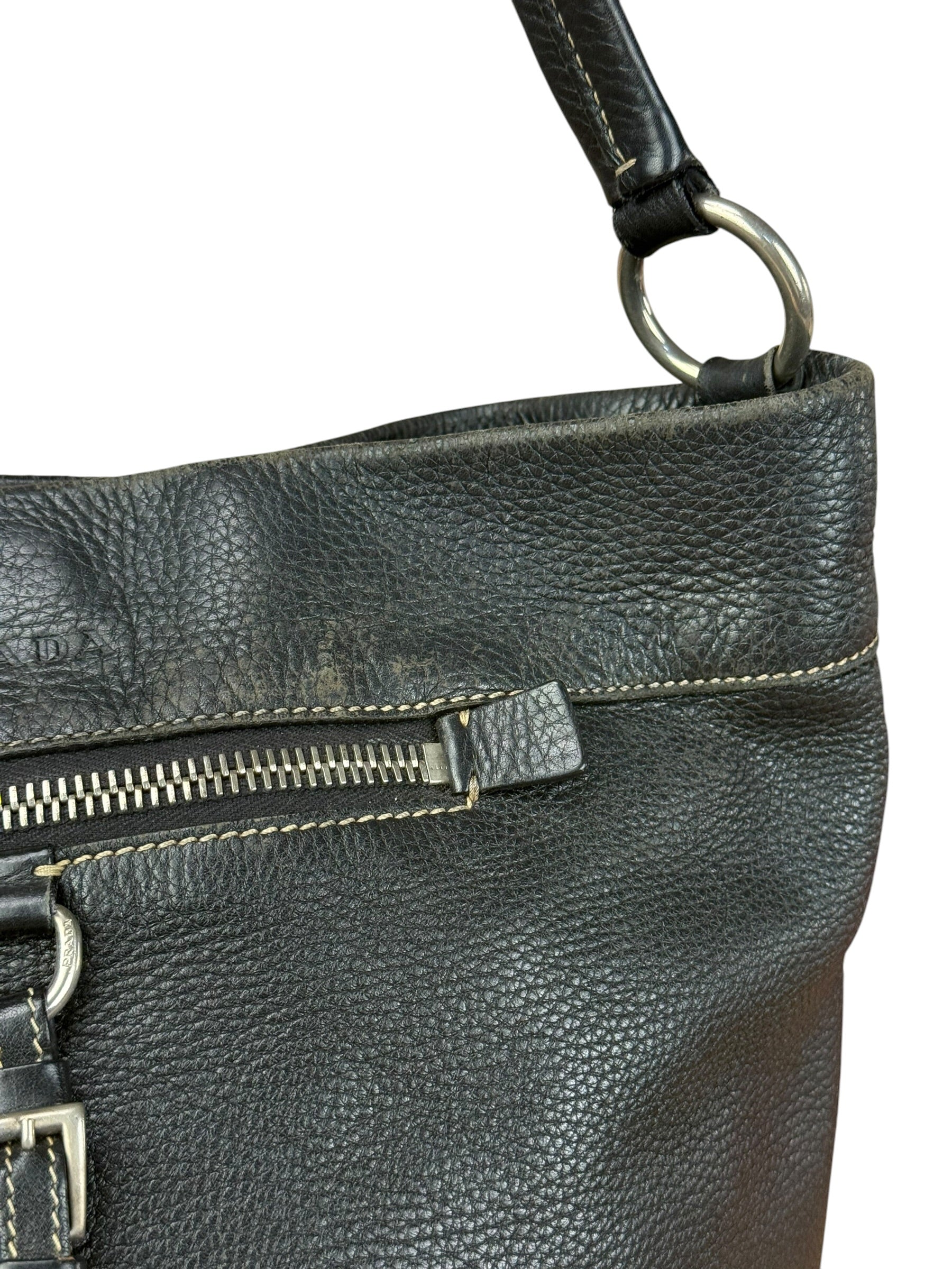 Prada Vintage Black Pebbled Leather Hobo Bag