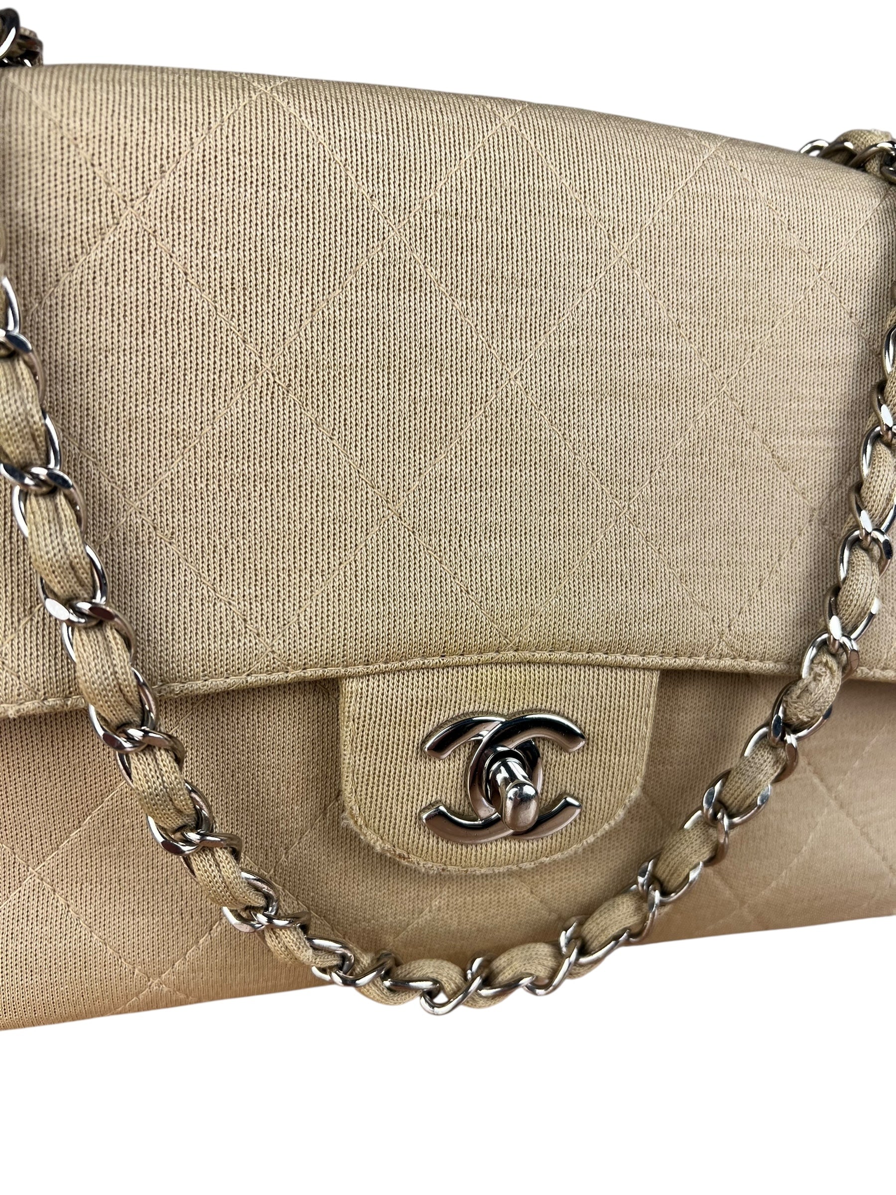 Chanel Vintage Beige Jersey Quilted Classic Flap Bag