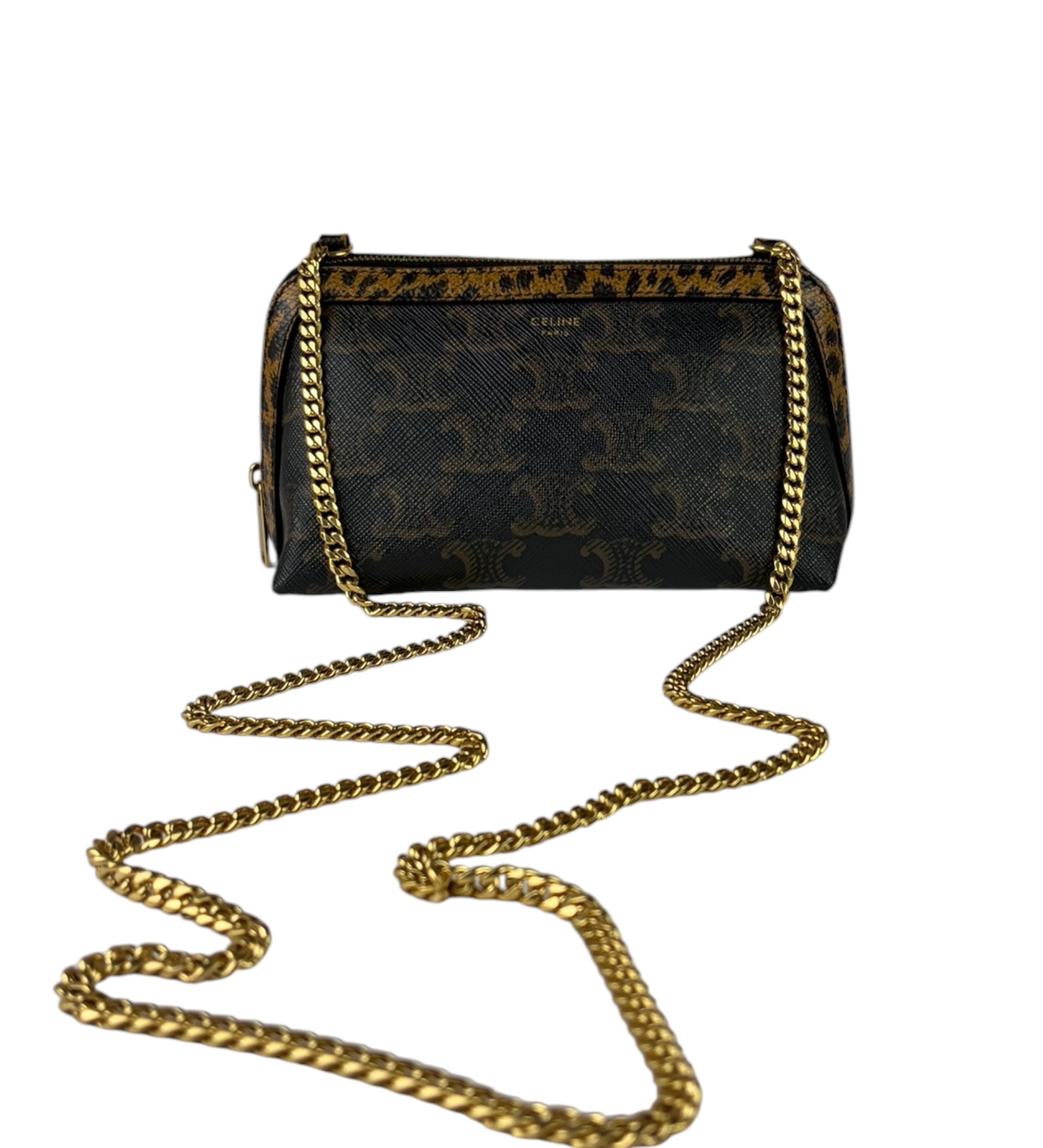 Celine Leopard Print-Trimmed Triomphe Chain Bag