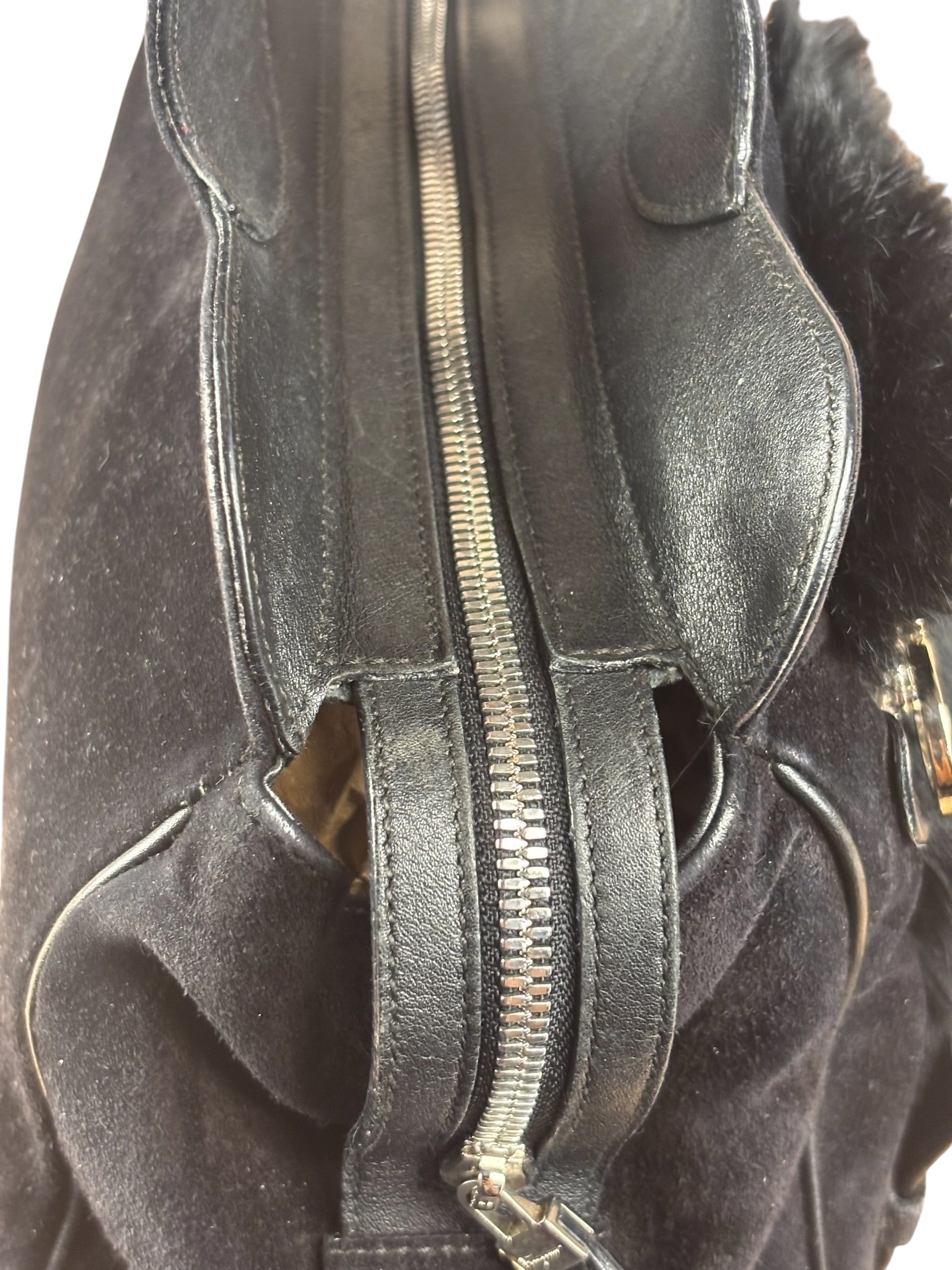 Salvatore Ferragamo Black Rabbit Fur Leather Trim Shoulder Bag