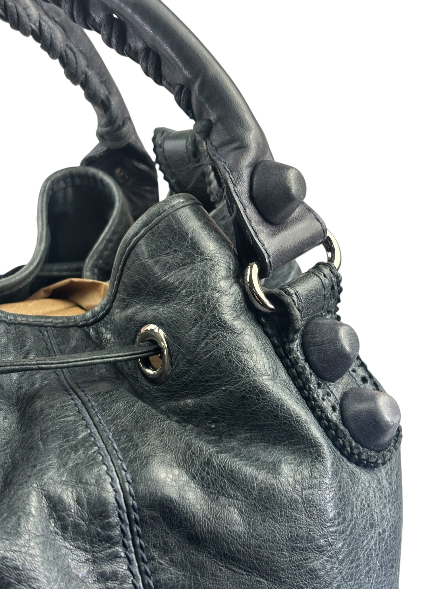 Balenciaga Grey Lambskin Giant Brogues Pompom Two-Way Bag