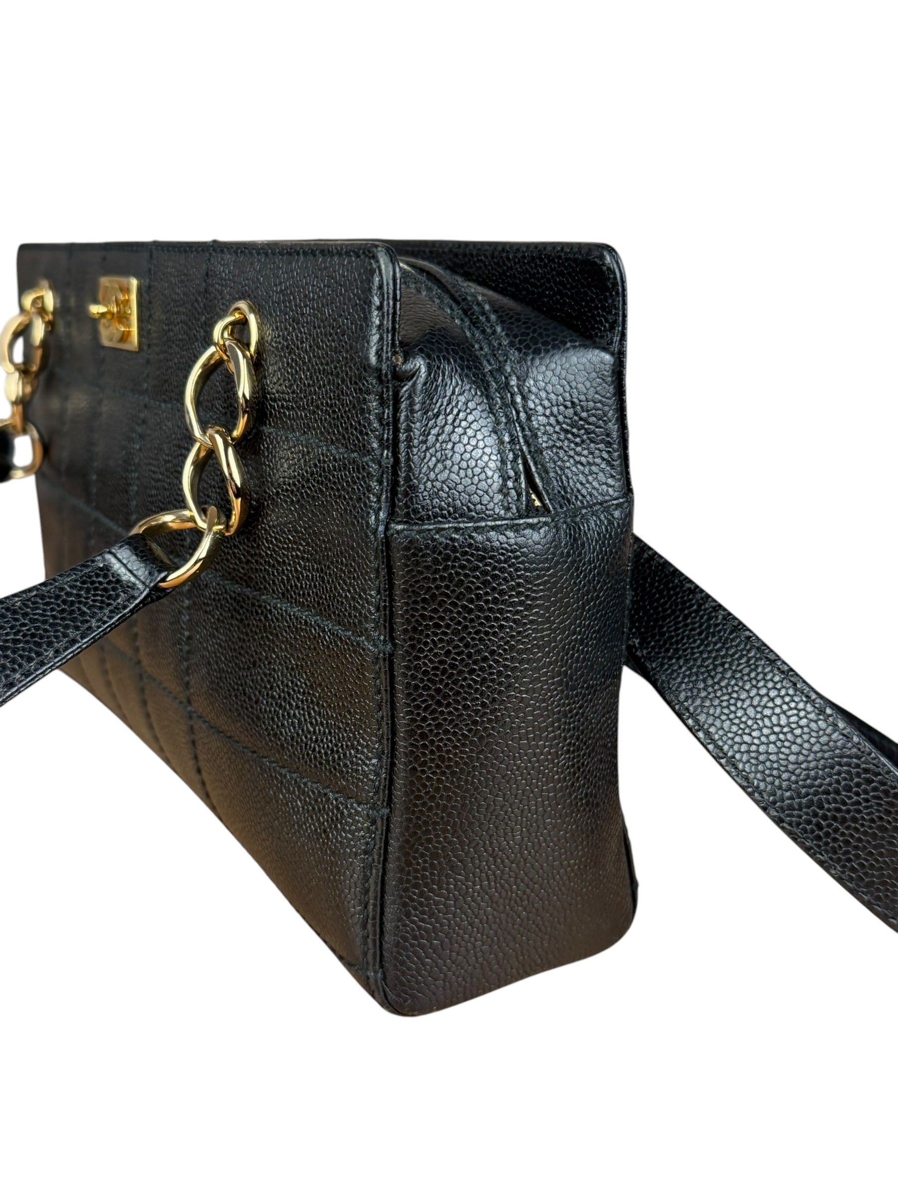 Chanel Black Choco Bar Stitch Caviar Chain Tote 2002