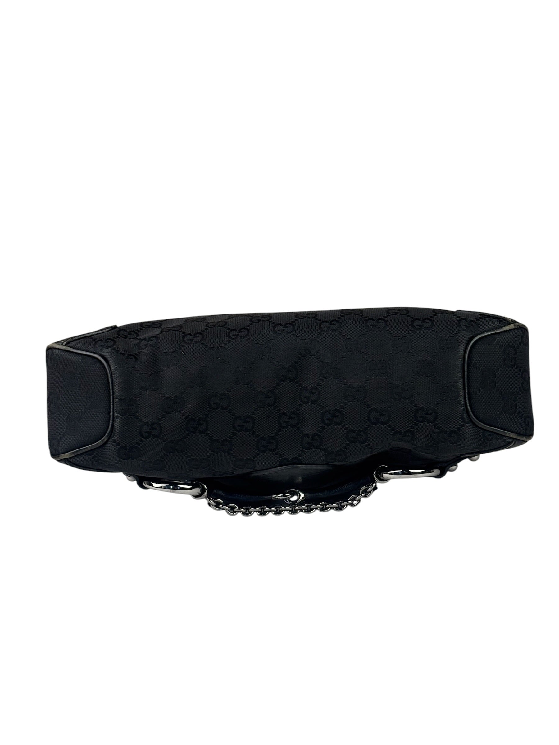Gucci Black Leather Trim Horsebit GG Chain Shoulder Bag