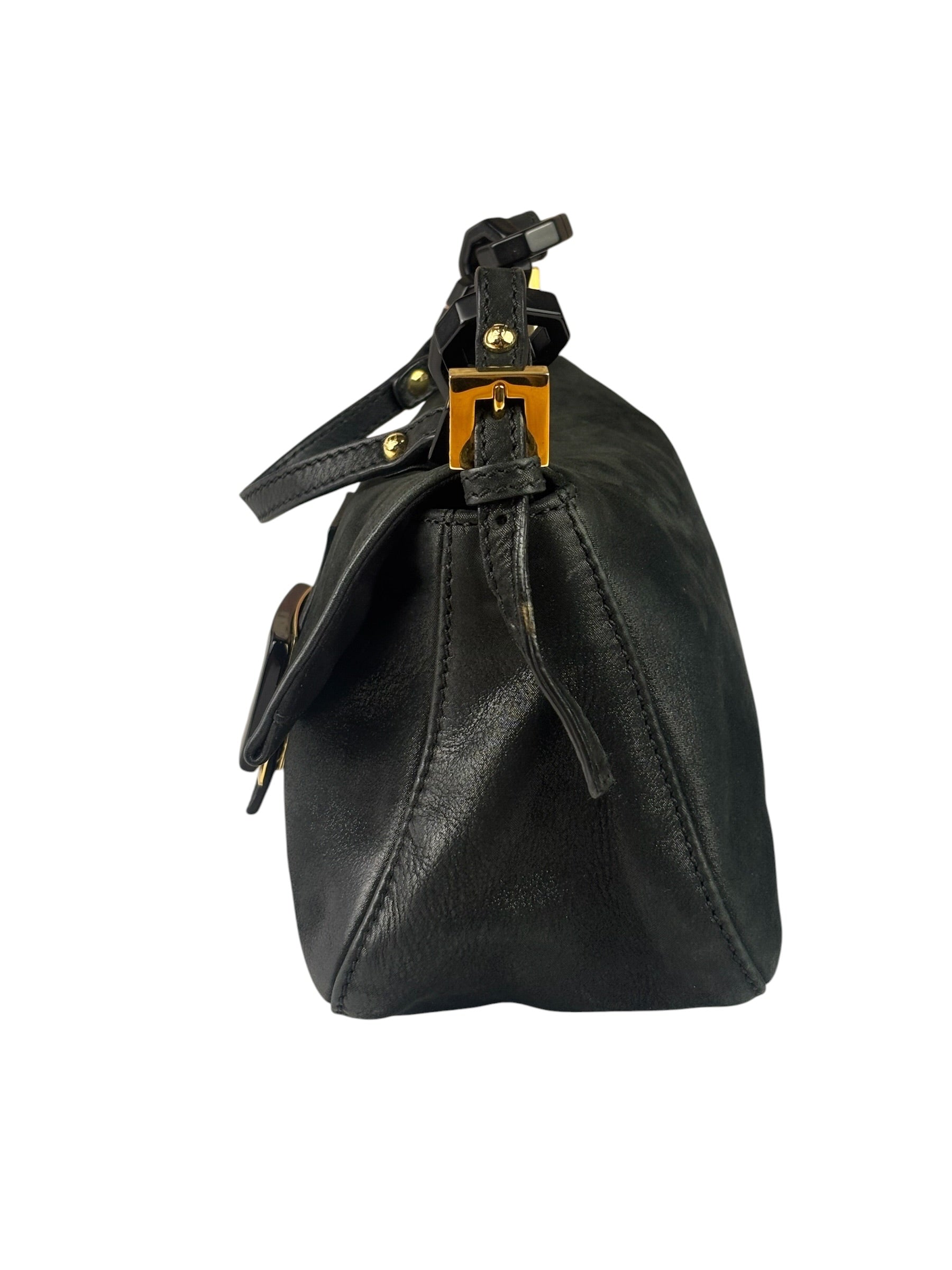 Fendi Shiny Black Suede Small Baguette