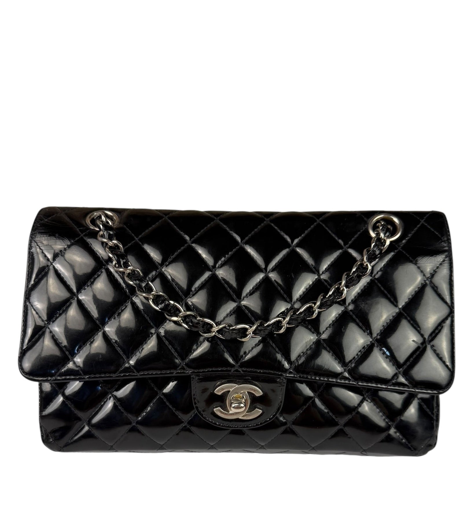 Chanel Black Patent Quilted Leather Double Flap Bag