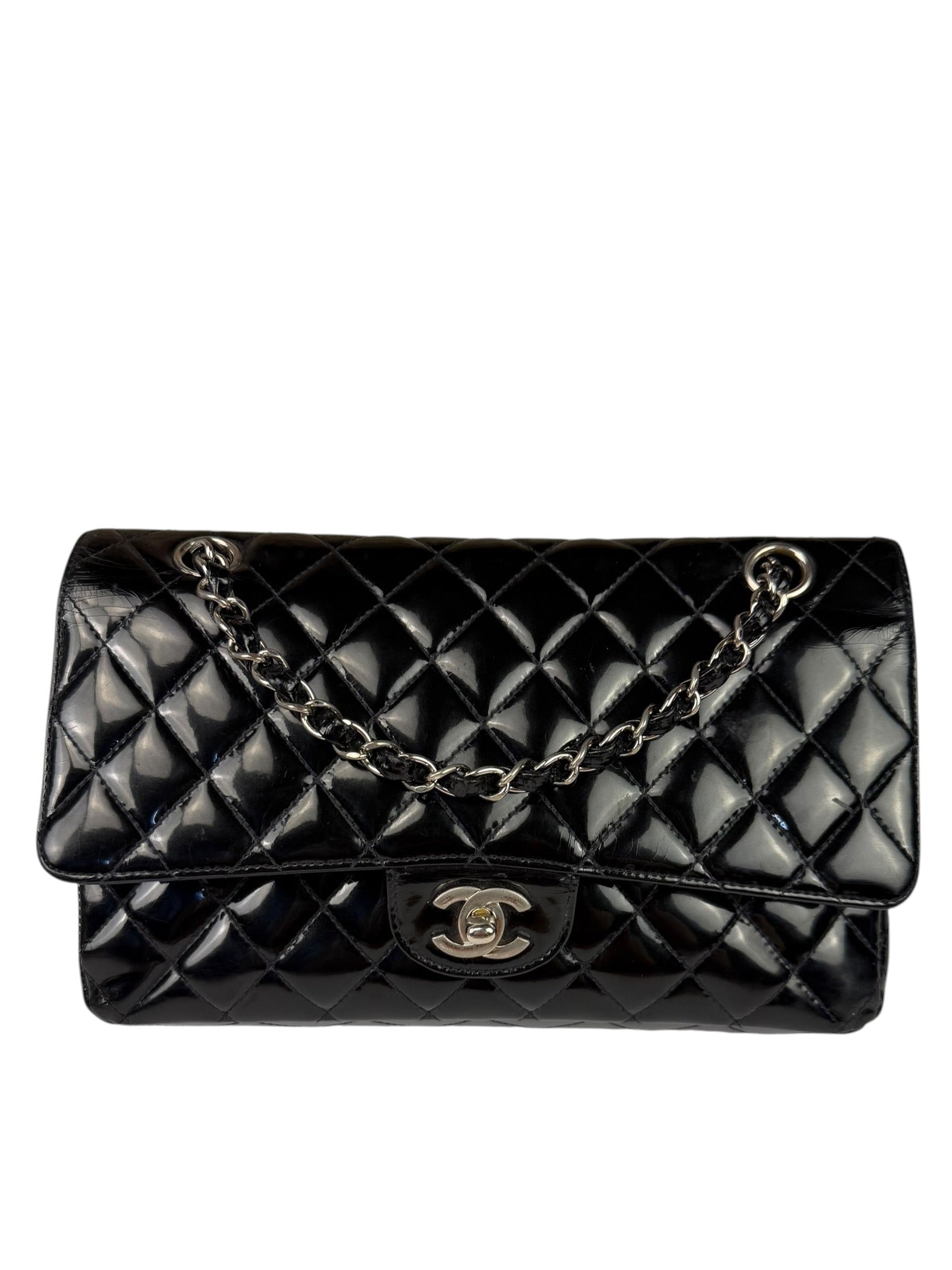 Chanel Black Patent Quilted Leather Double Flap Bag