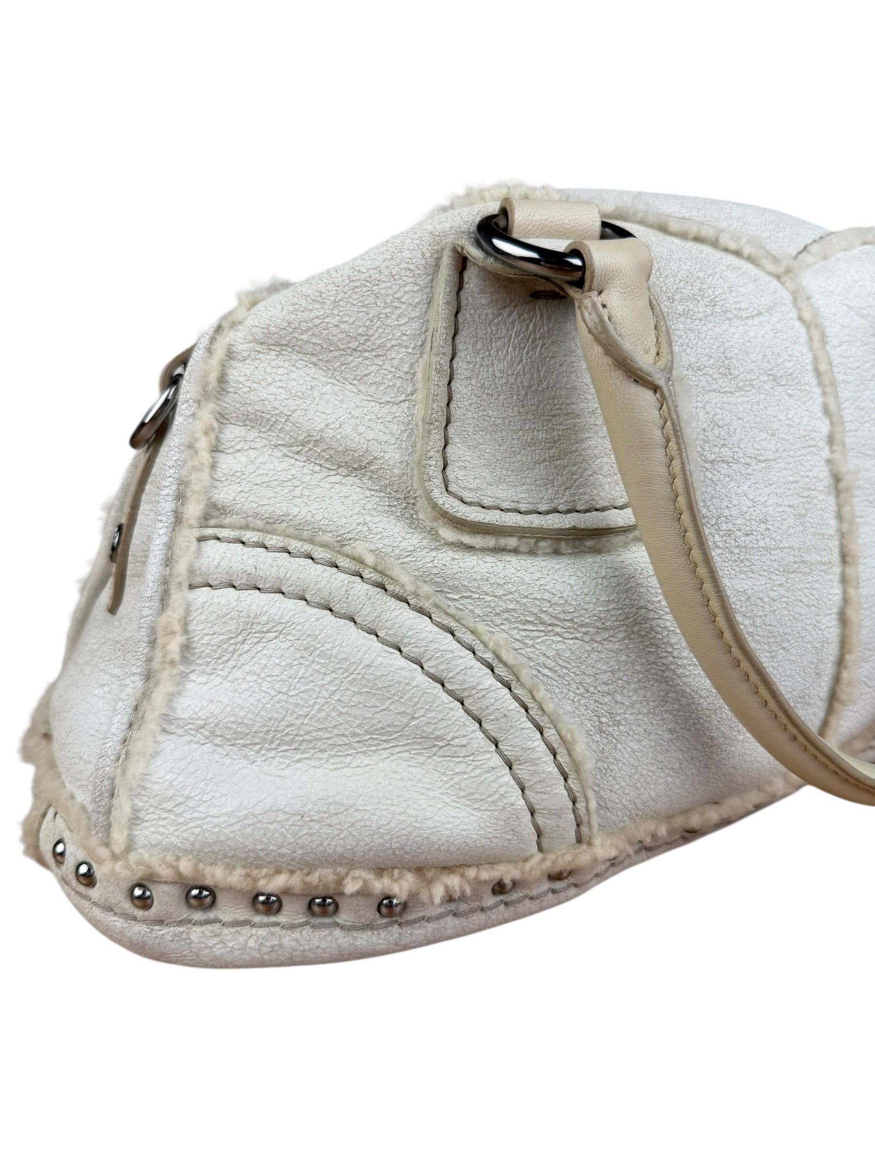 Prada Vintage White Studded Leather Shearling Bowler 2Way Bag