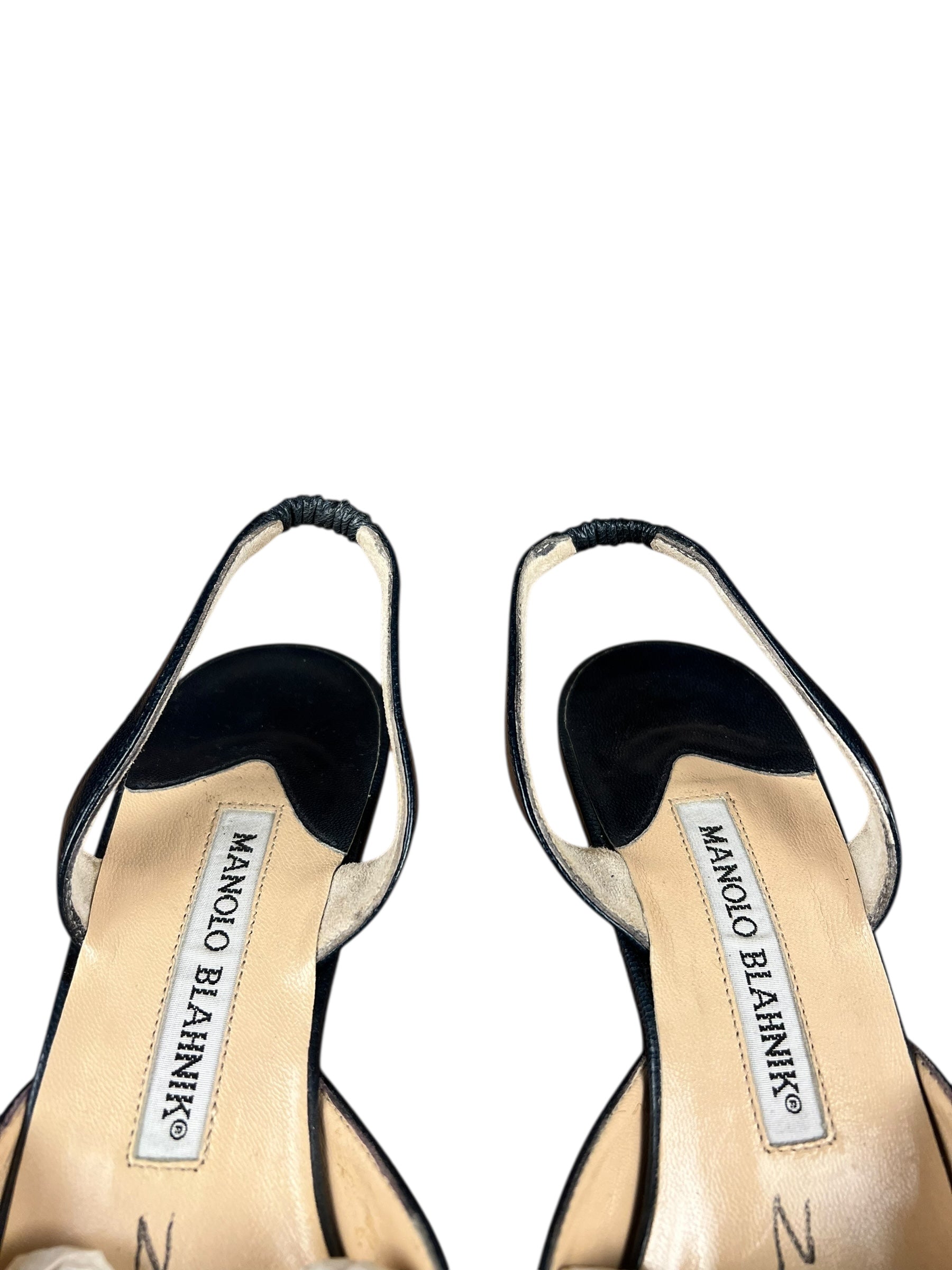 Manolo Blahnik Navy Blue Leather Slingback Kitten Heels