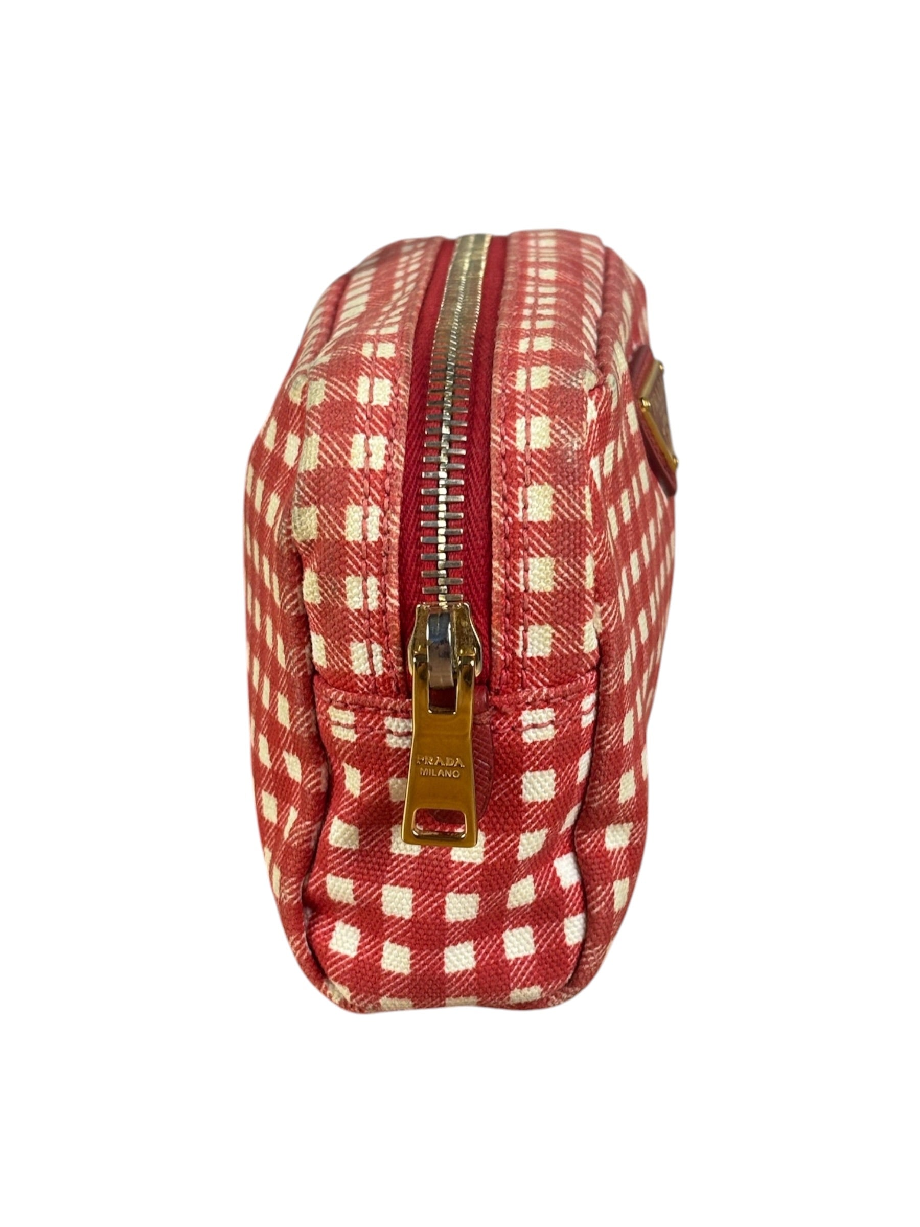 Prada Red Gingham Check Canvas Makeup Bag