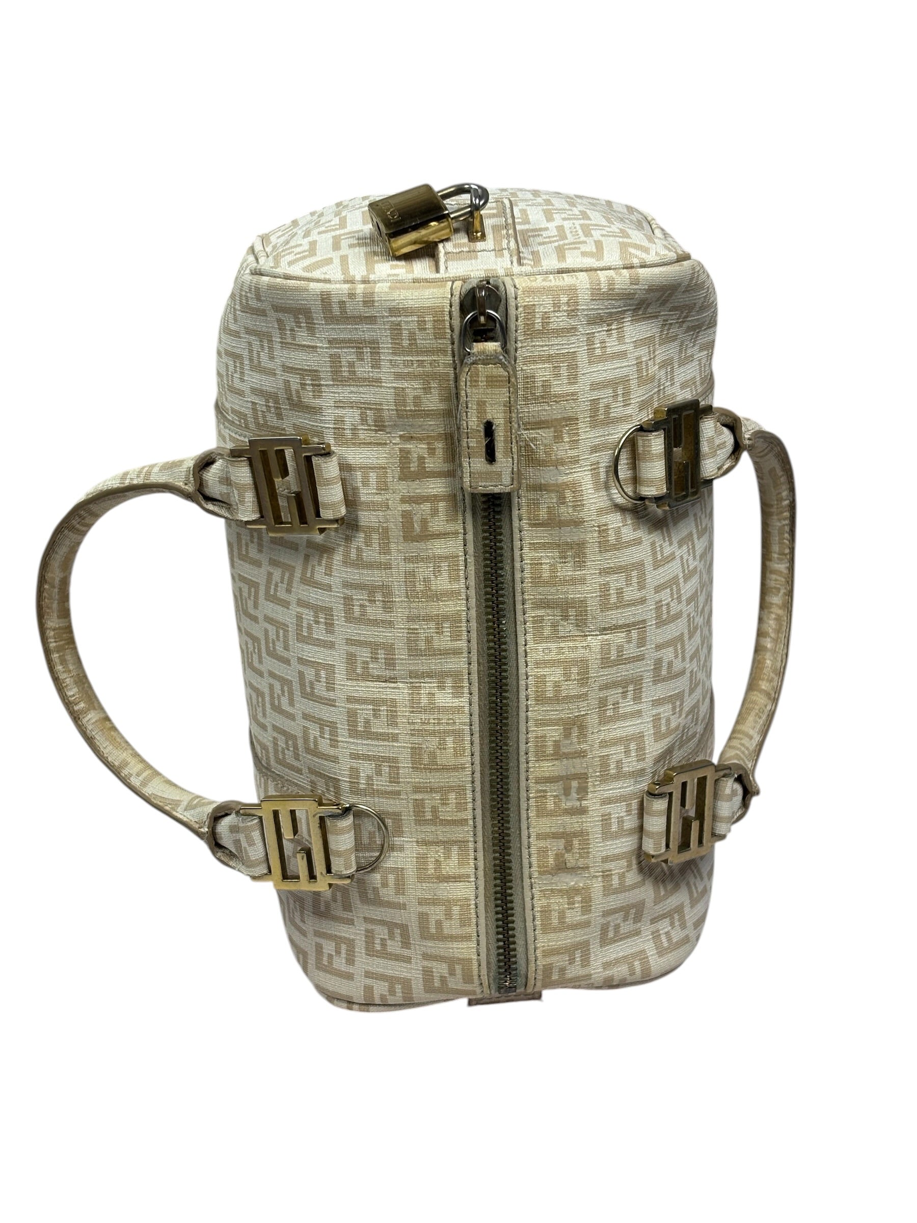 Fendi Beige Leather Trim Zucca Boston Bag