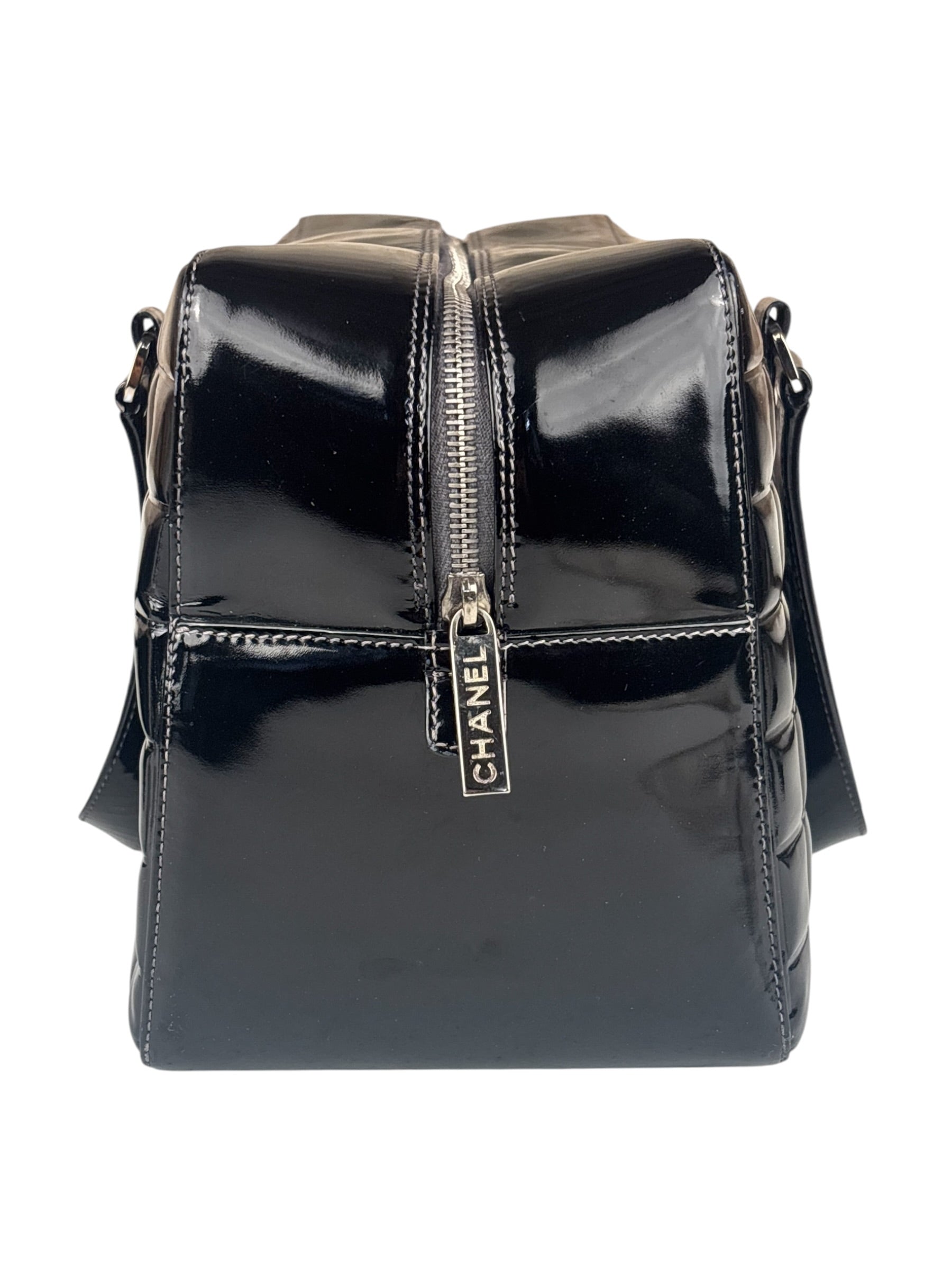Chanel Black Leather Patent Chocolate Bar Bowler Hand Bag