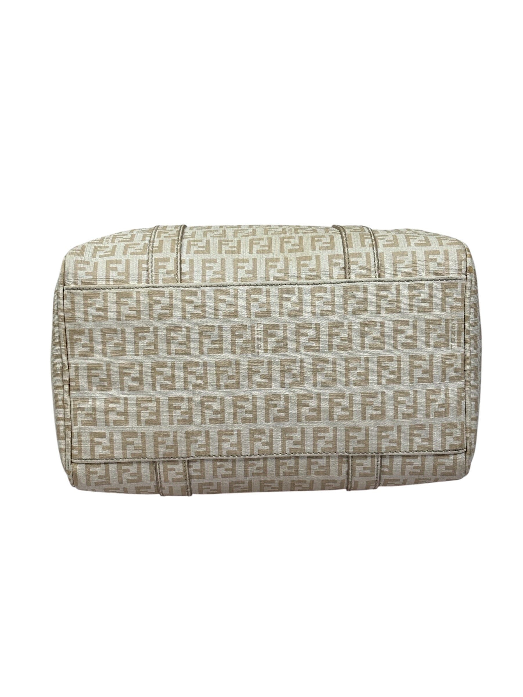 Fendi Beige Leather Trim Zucca Boston Bag