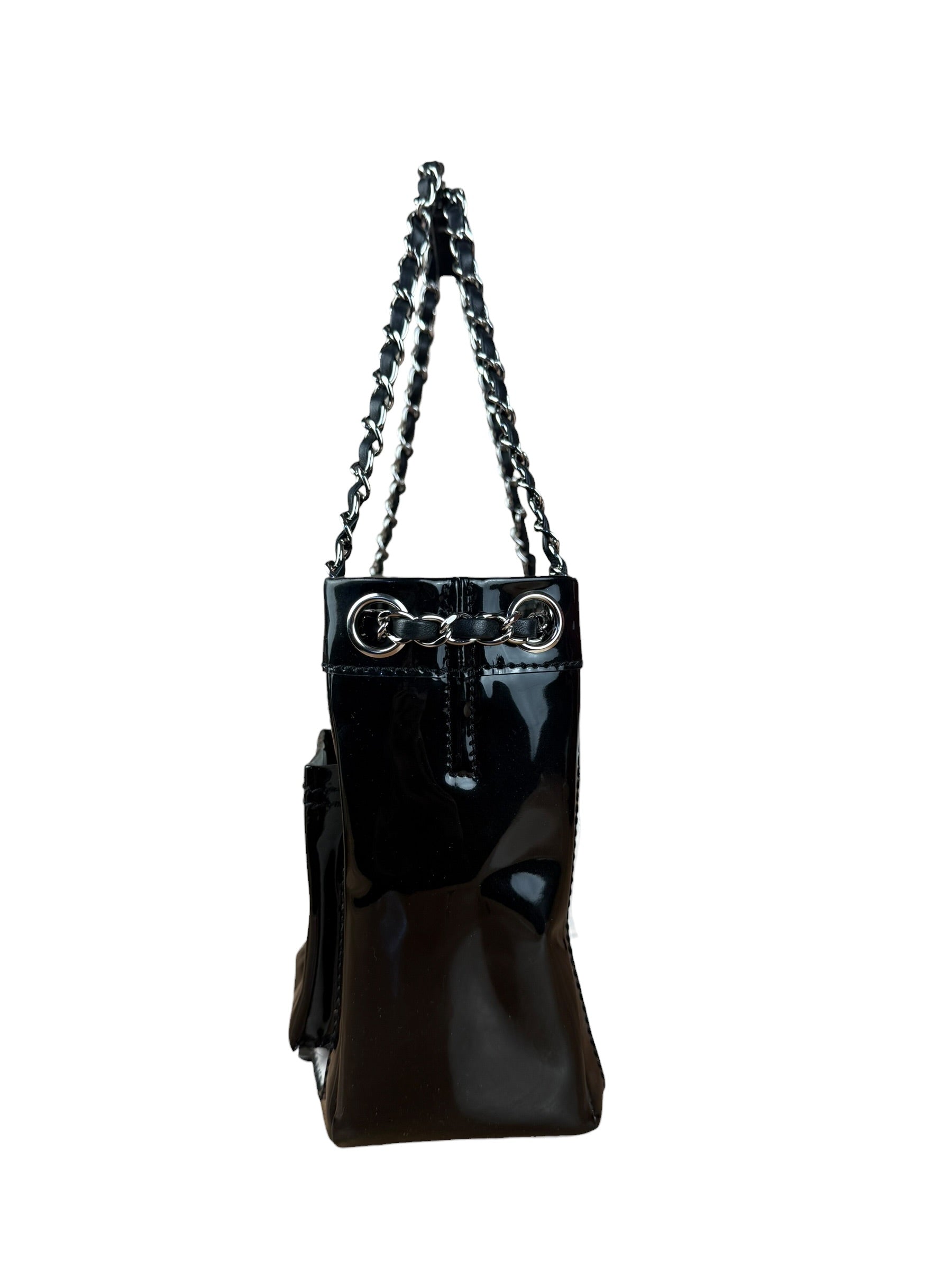 Chanel Vintage Black Patent Pony Hair Chain Pocket Tote 2005